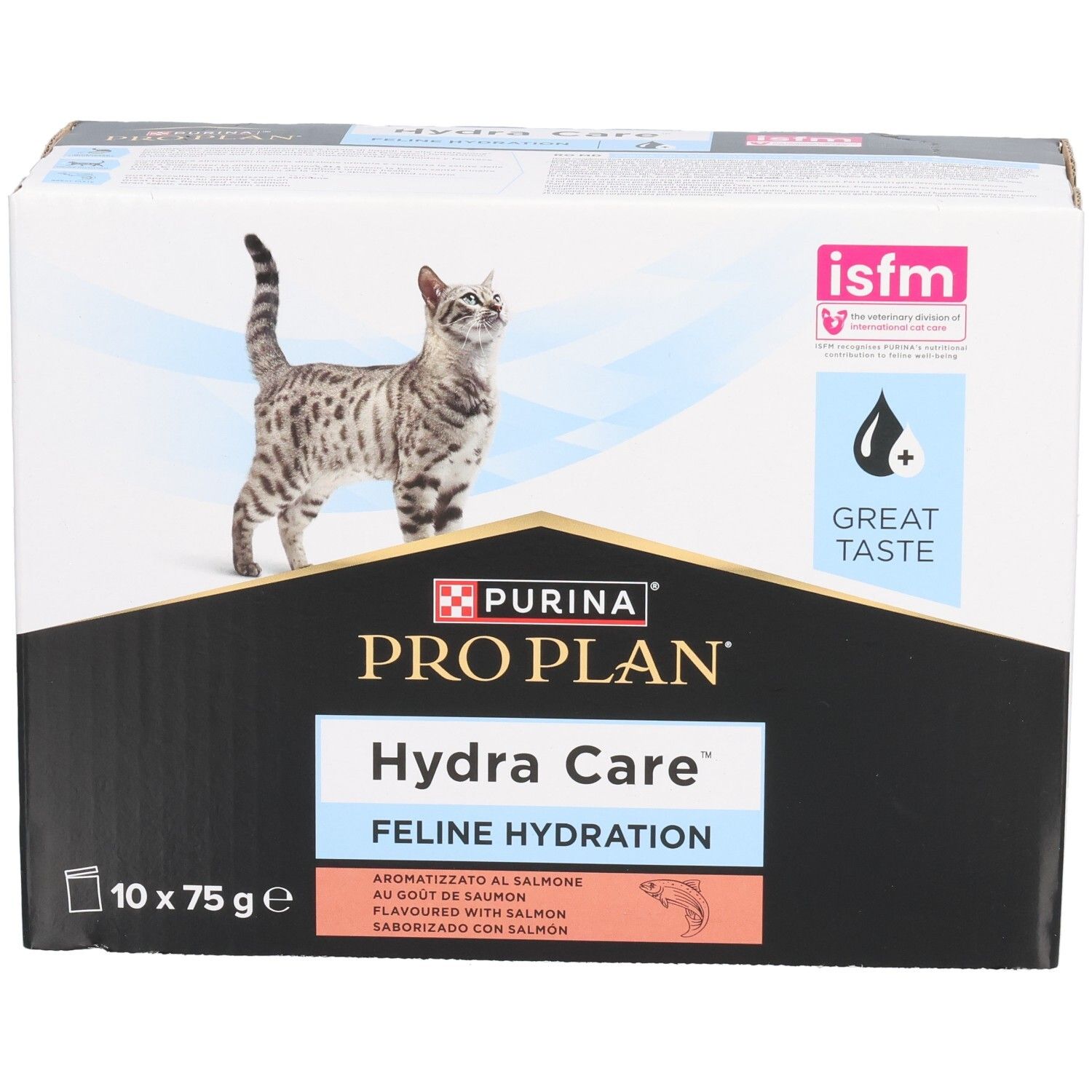 Boîte PRO PLAN Hydra Care, 10 sachets de 75g. Chat, logo et informations.