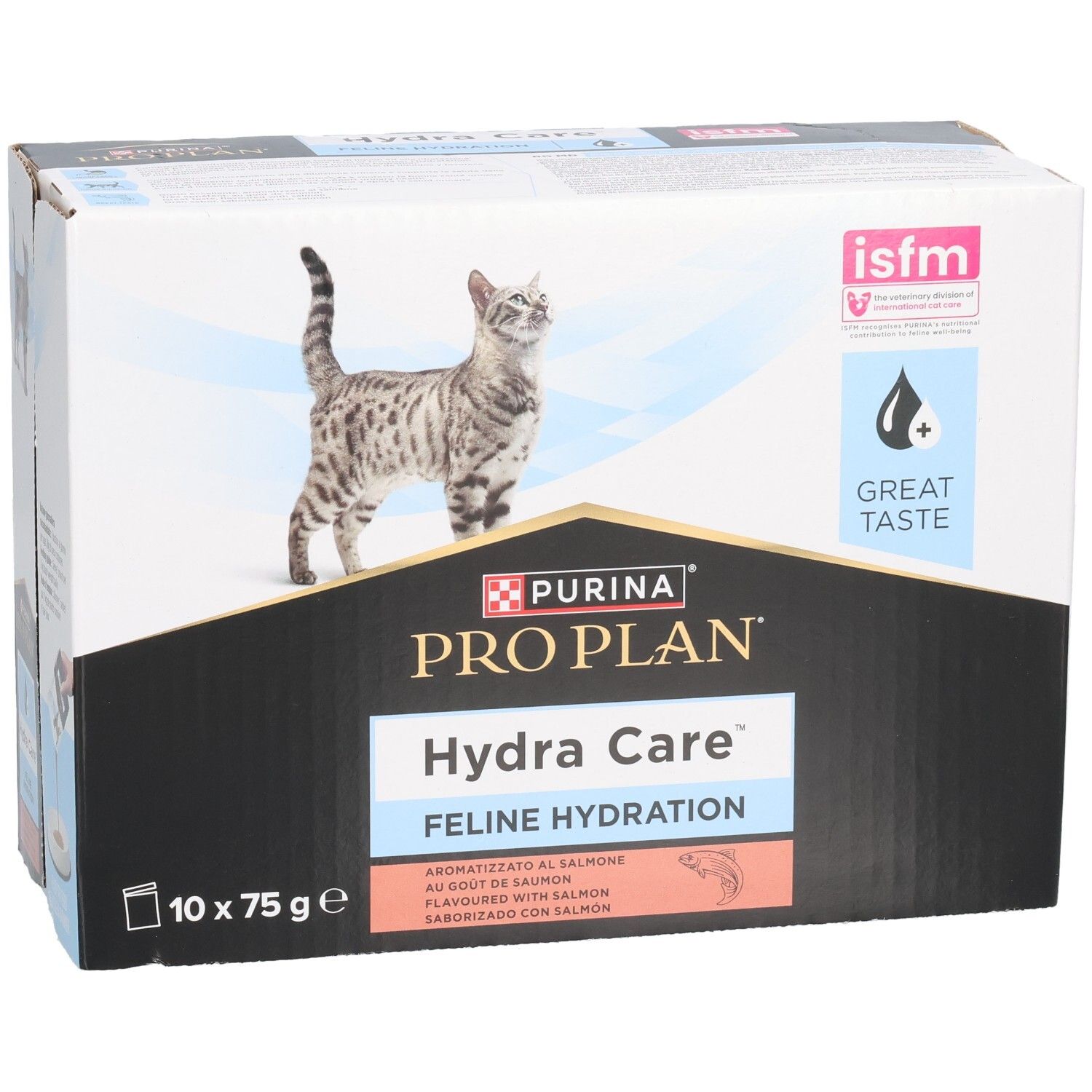 Boîte PRO PLAN Hydra Care, 10 sachets de 75g. Chat, logo et informations.
