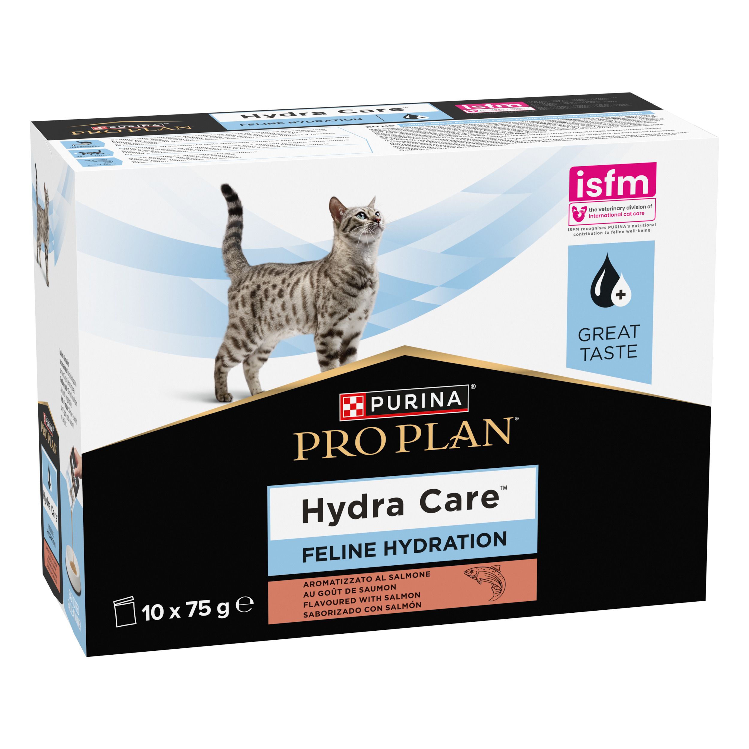 Boîte PRO PLAN Hydra Care, 10 sachets de 75g. Chat, logo et informations.