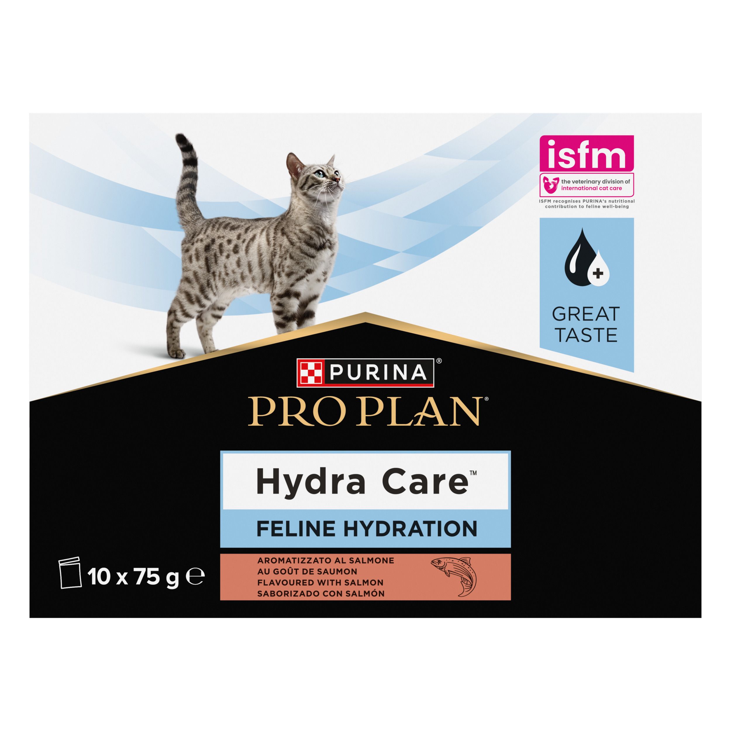 Boîte PRO PLAN Hydra Care, 10 sachets de 75g. Chat, logo et informations.