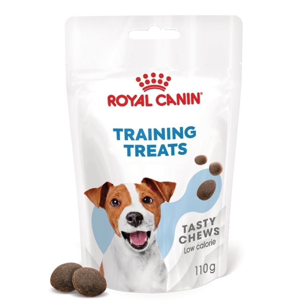 Sachet Royal Canin Training Treats avec visage de chien et friandises.