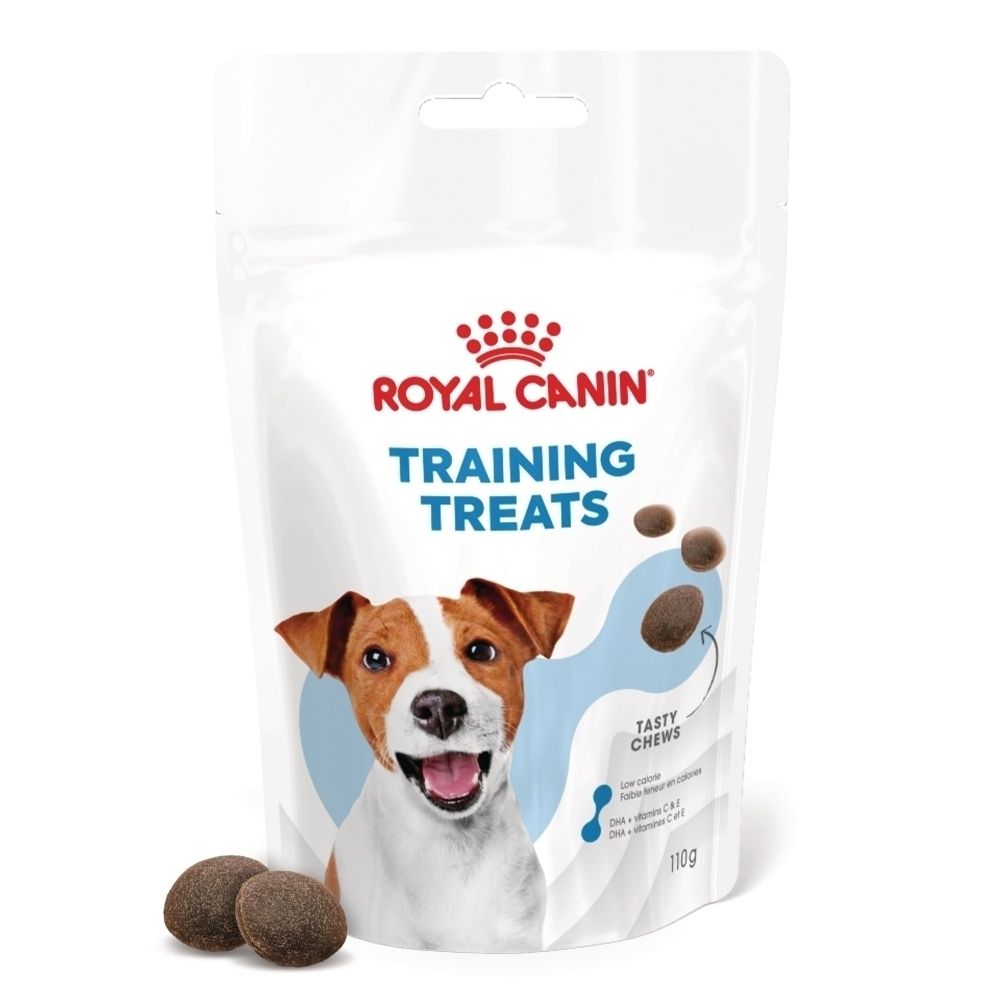 Sachet Royal Canin Training Treats avec visage de chien et friandises.