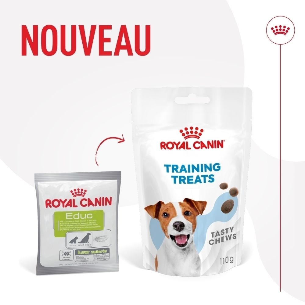 Sachet Royal Canin Training Treats avec visage de chien et friandises.