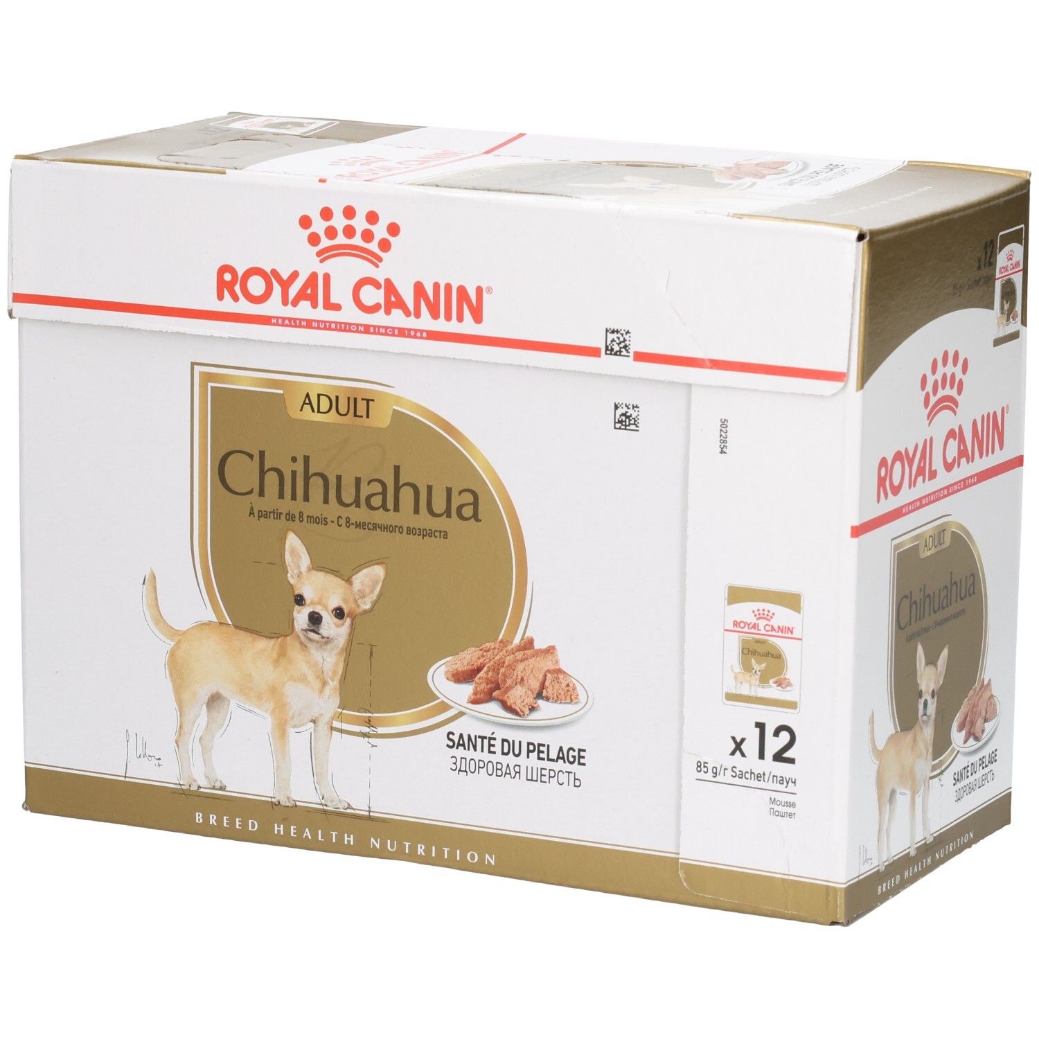 Boîte Royal Canin Chihuahua Adulte contenant 12 sachets de 85g. Image d'un Chihuahua et d'une gamelle de nourriture.