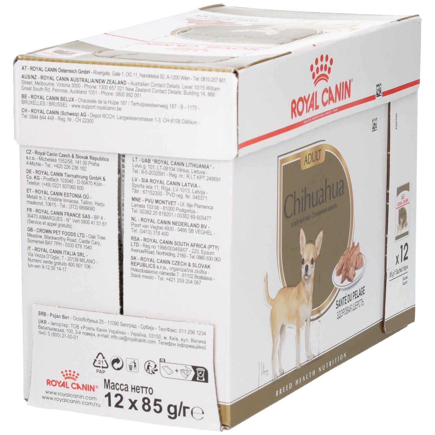 Arrière de la boîte Royal Canin Chihuahua avec informations d'adresse et symboles de recyclage.