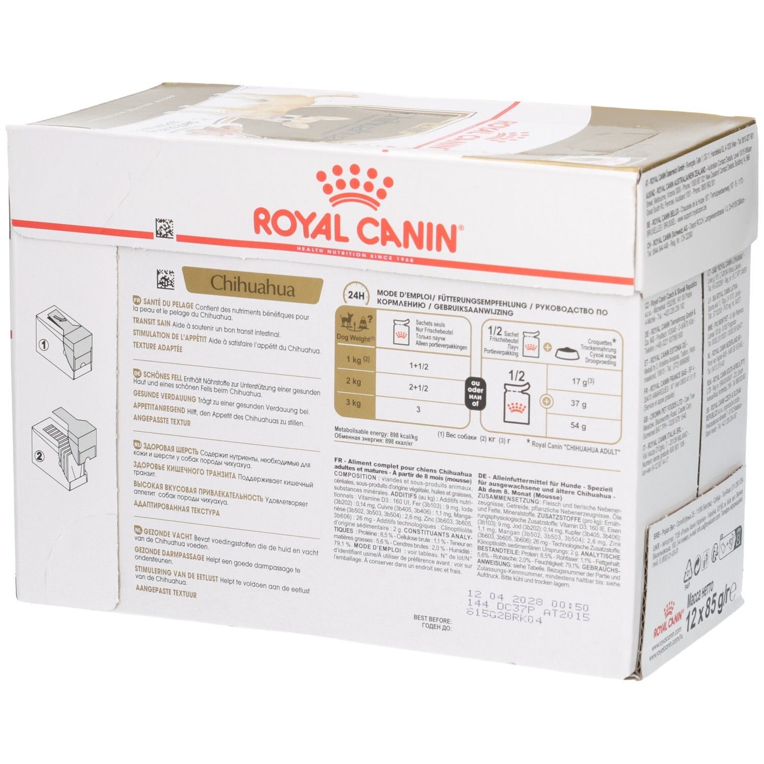 Vue latérale de la boîte Royal Canin Chihuahua avec recommandations alimentaires et informations produit.