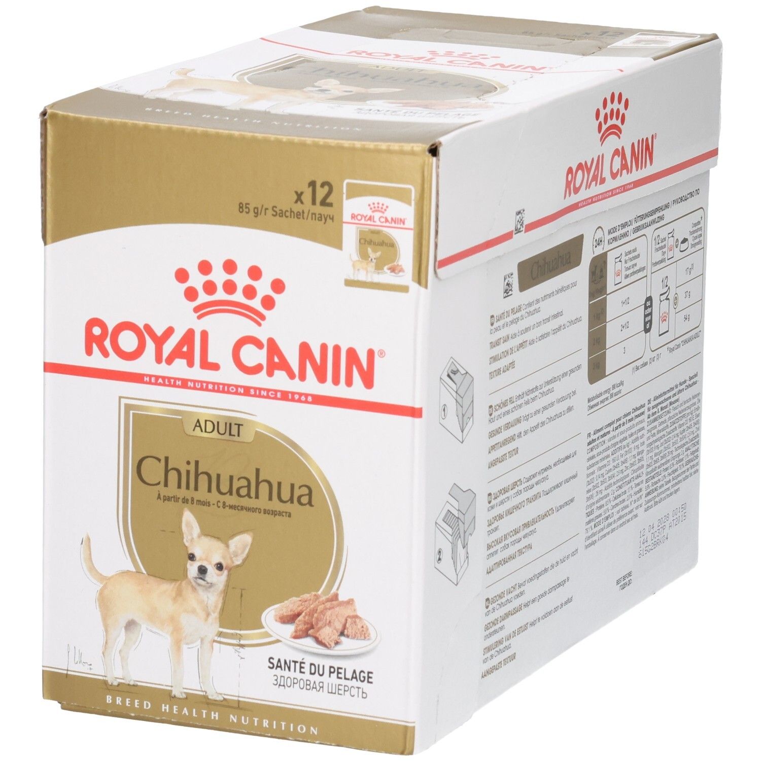 Face avant de la boîte Royal Canin Chihuahua avec 12 sachets de 85g. Image d'un Chihuahua et d'une gamelle de nourriture.