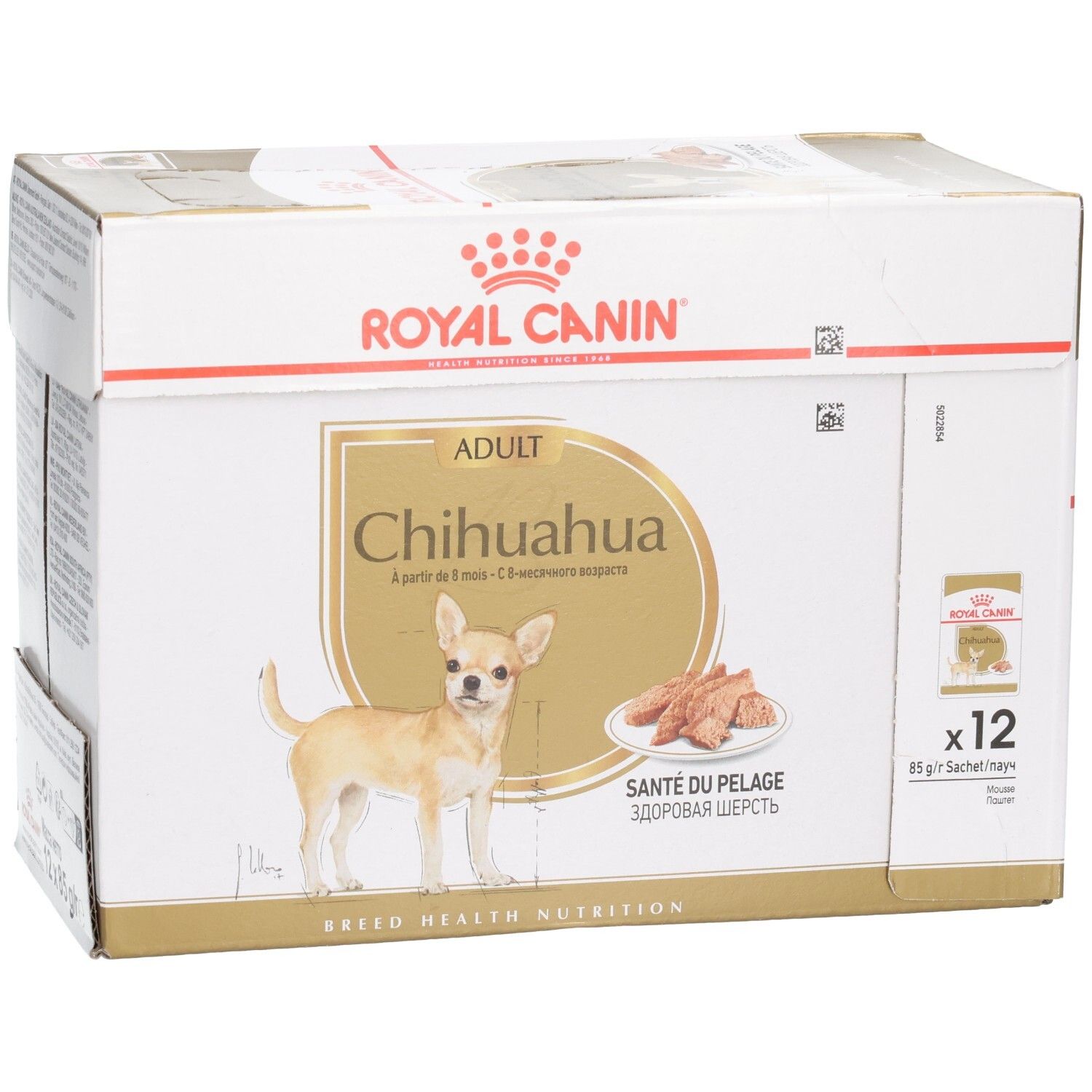 Boîte Royal Canin Chihuahua Adulte contenant 12 sachets de 85g. Image d'un Chihuahua et d'une gamelle de nourriture.