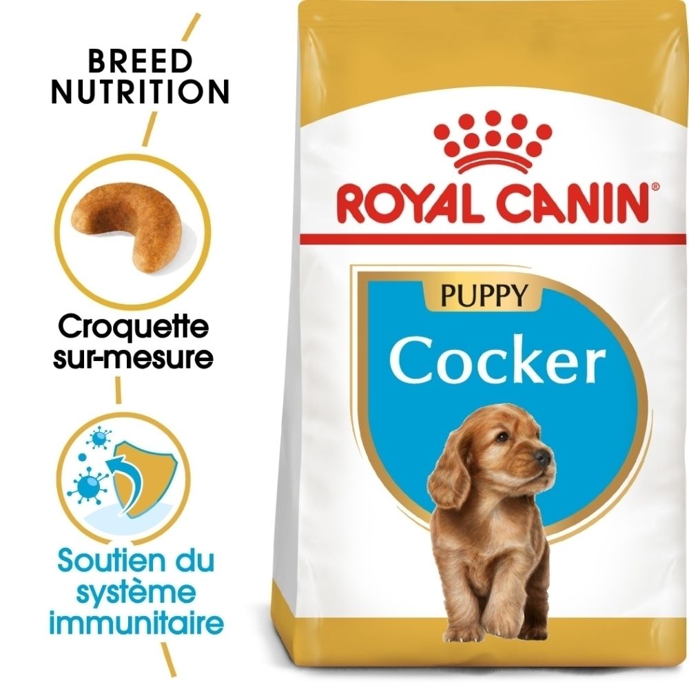 Sac de nourriture Royal Canin Cocker Puppy avec image de chiot et informations sur la forme des croquettes et le soutien immunitaire.