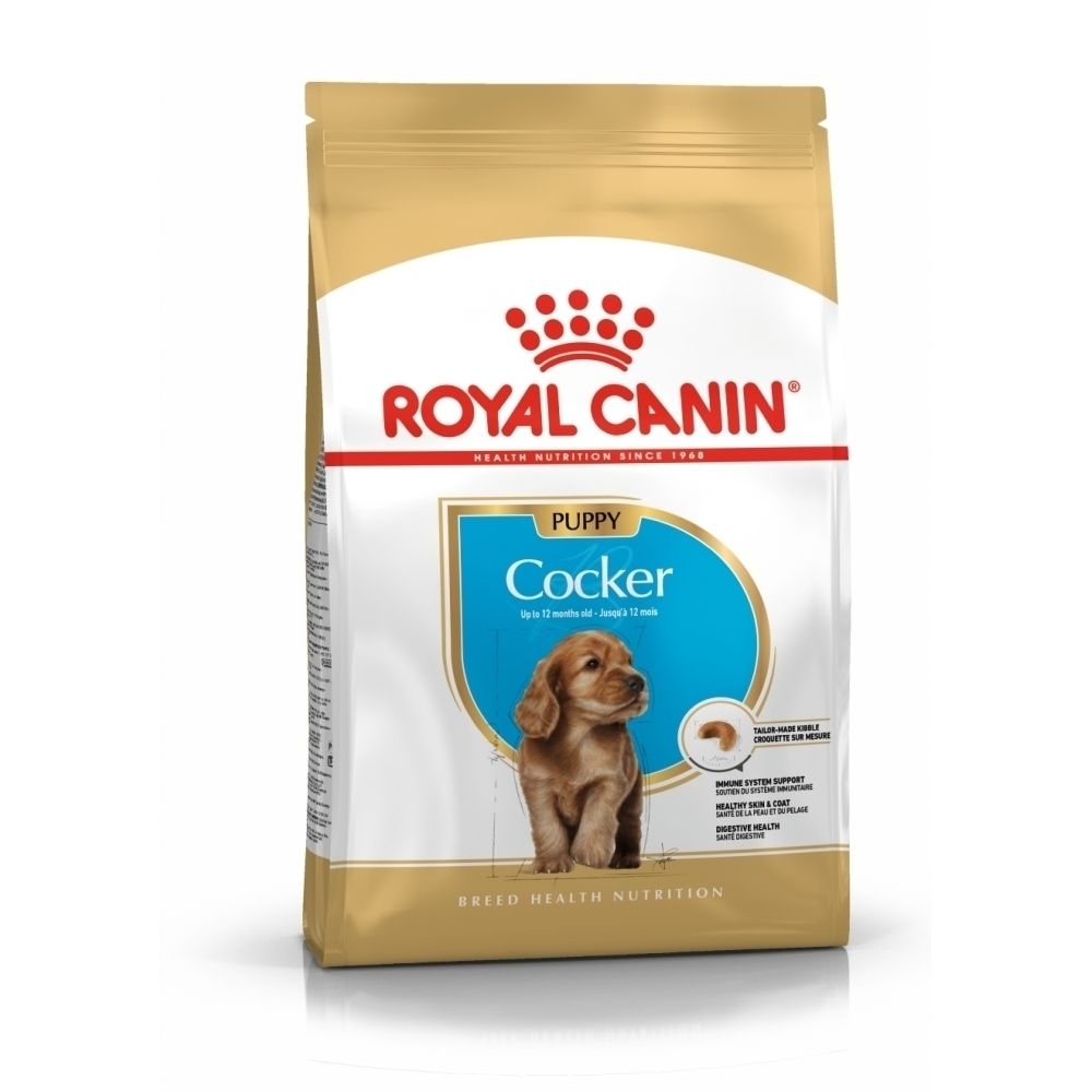 Sac de nourriture Royal Canin pour chiots Cocker avec image d'un chiot Cocker Spaniel et informations produit.