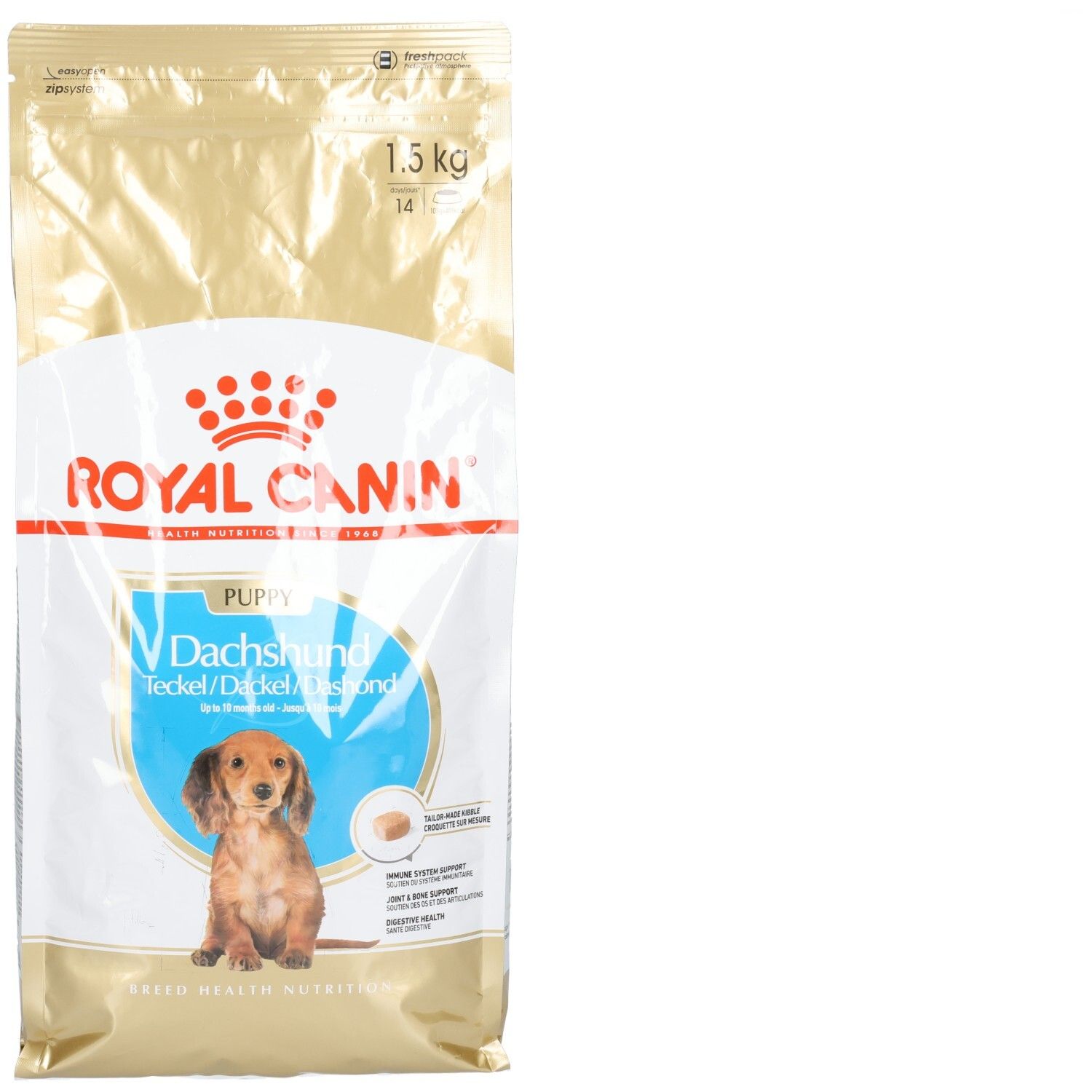 Croquettes Royal Canin Dachshund Junior pour chiots. Emballage doré avec image de chien et indication de 1,5 kg.