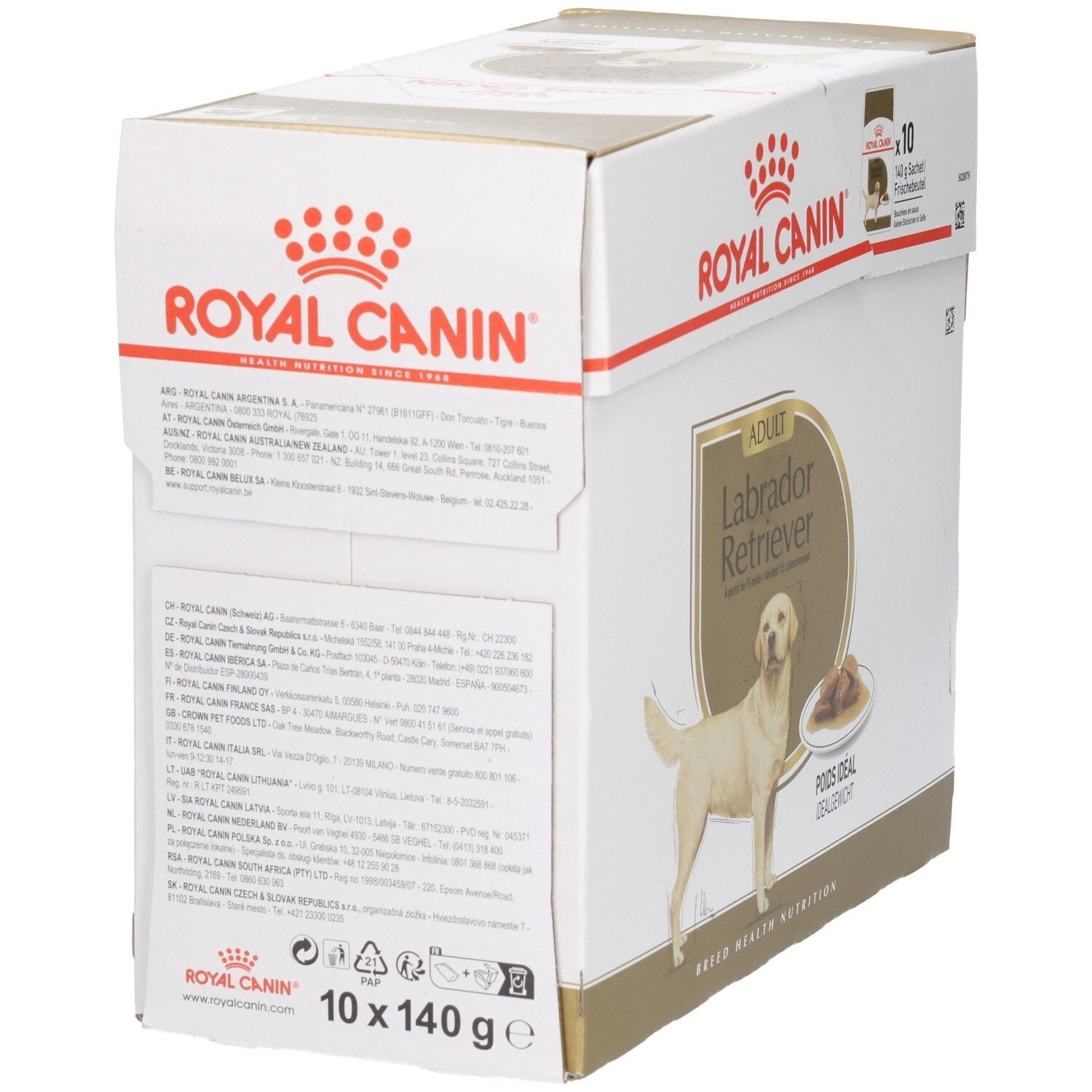 Boîte Royal Canin Labrador Retriever Adulte, verso avec instructions de nourrissage.