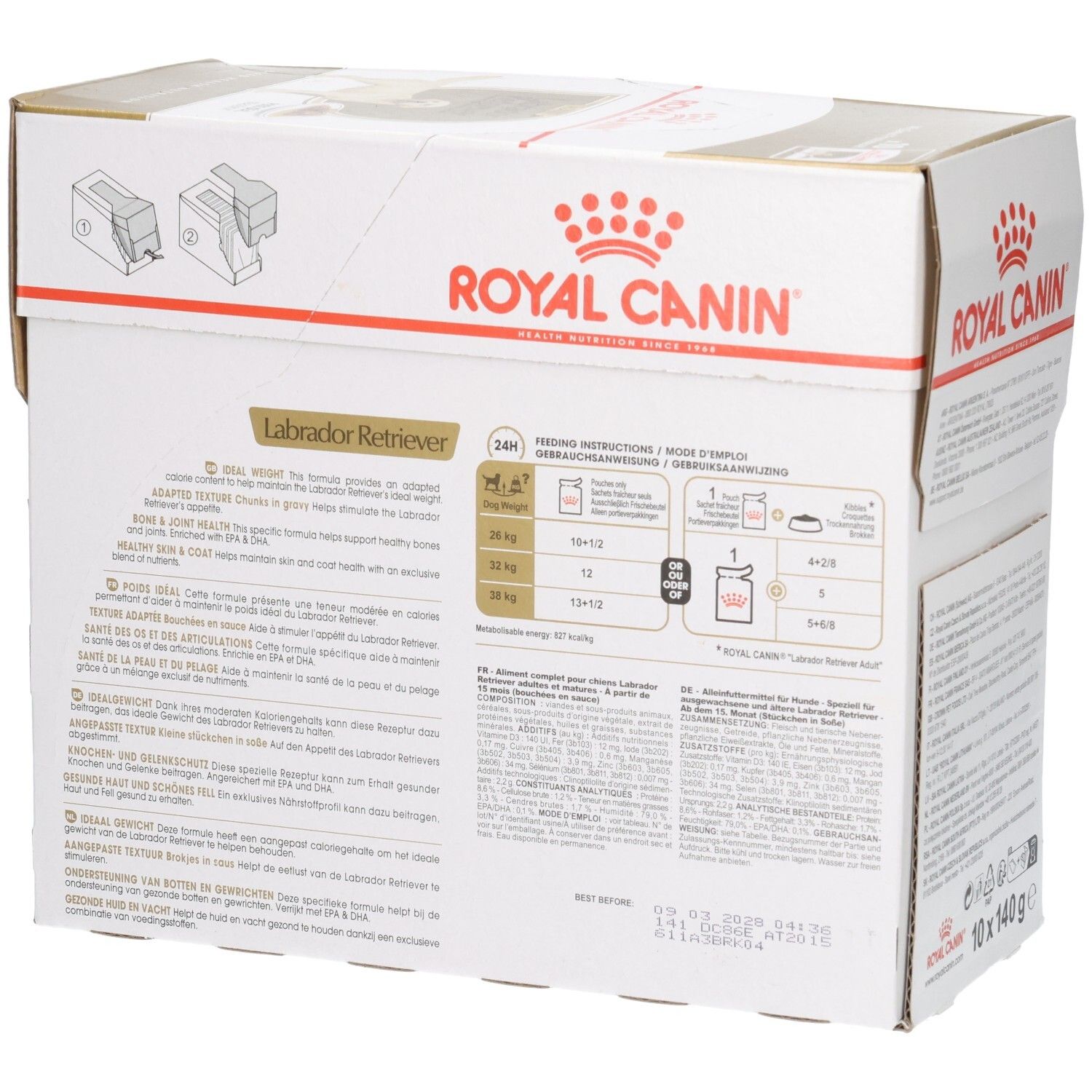 Boîte Royal Canin Labrador Retriever Adulte, vue latérale avec instructions de nourrissage.