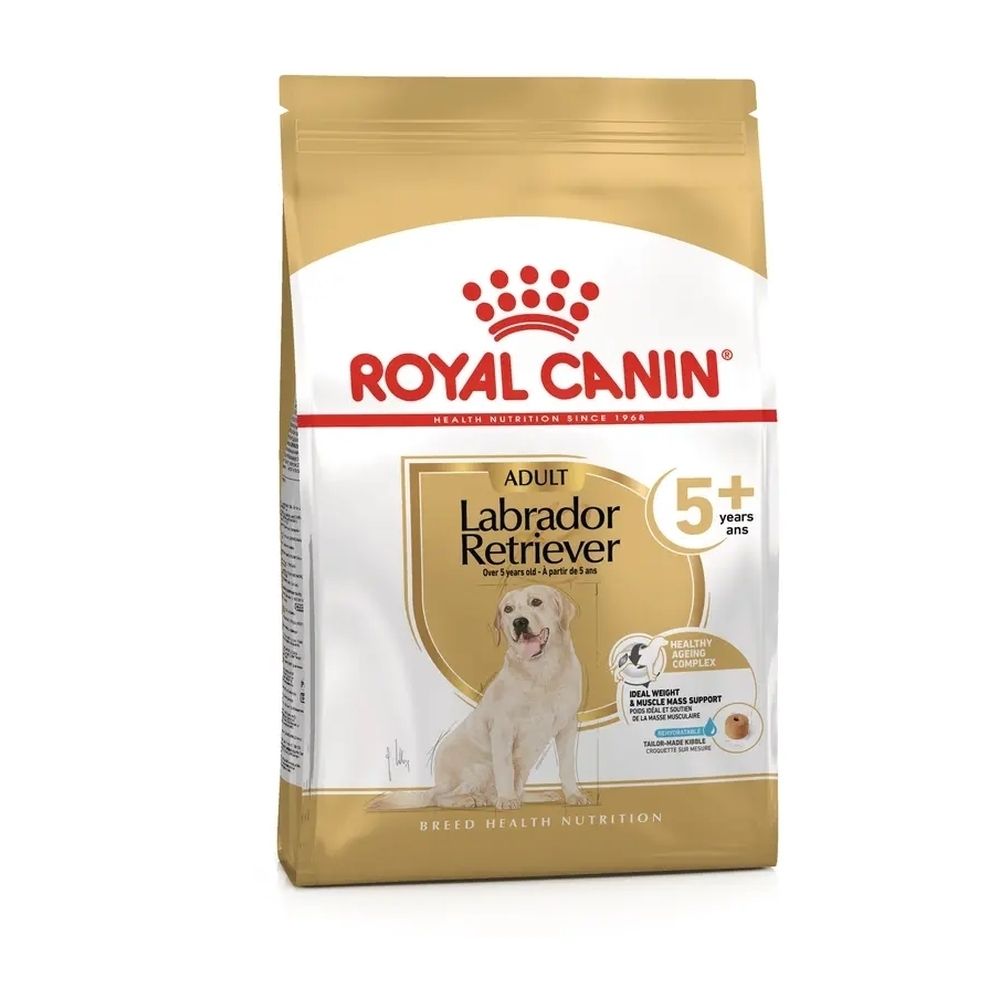 Sac de croquettes Royal Canin Labrador Retriever 5+ avec image de Labrador et informations produit.