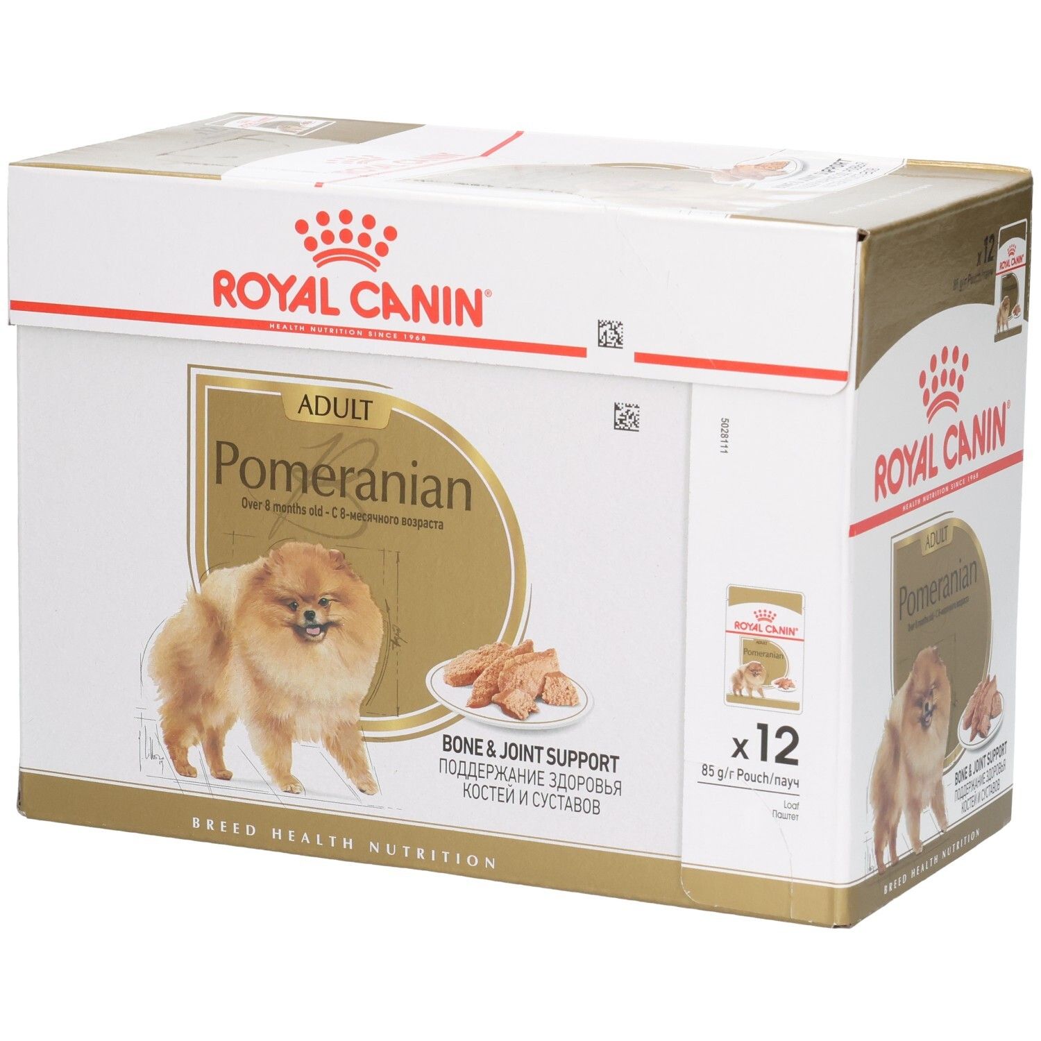 Boîte Royal Canin Pomeranian Adulte, 12 sachets de 85g, soutien osseux et articulaire.