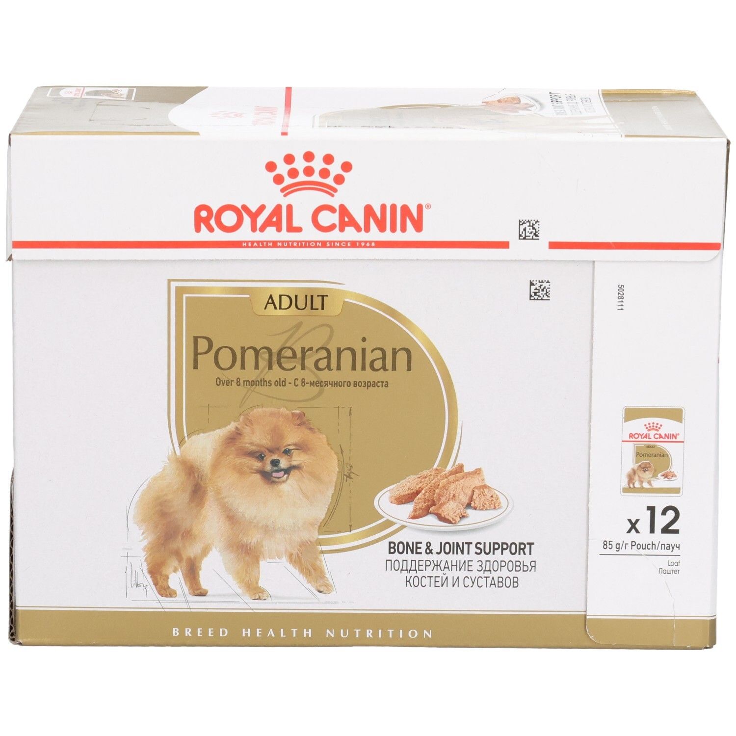 Boîte Royal Canin Pomeranian Adulte, 12x85g sachets, axée sur le soutien osseux et articulaire.