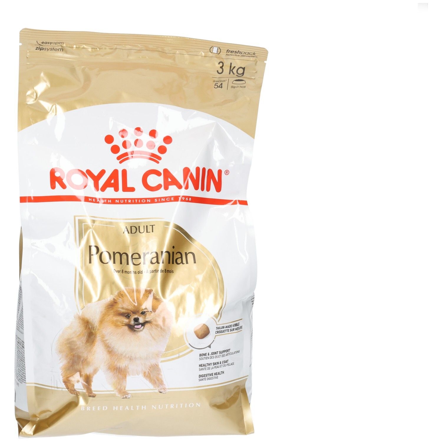 Sac de 3 kg de nourriture Royal Canin pour chien adulte Pomeranian, avec image d'un Pomeranian.