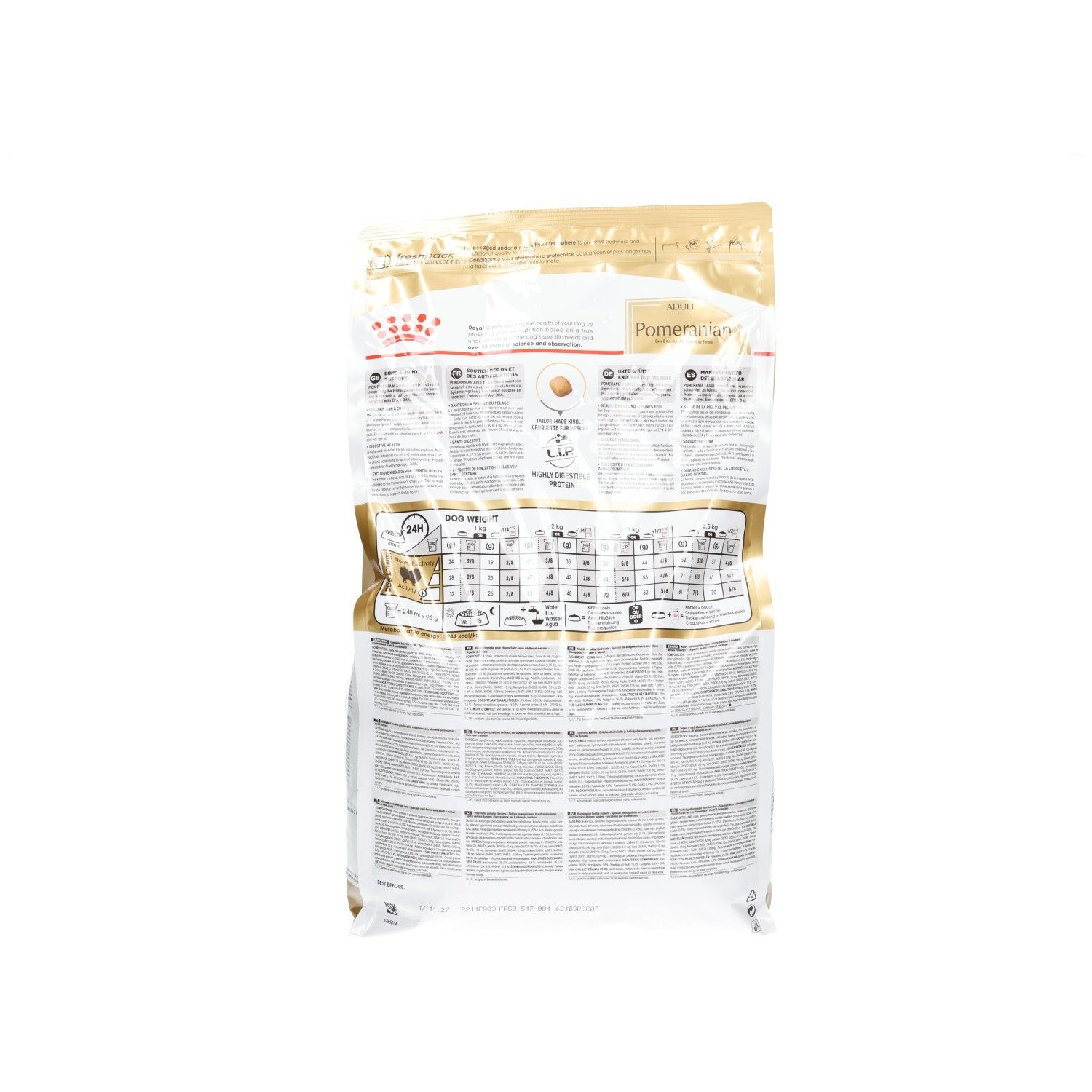 Arrière d'un sac de nourriture Royal Canin pour chien adulte Pomeranian avec informations nutritionnelles et recommandations d'alimentation.