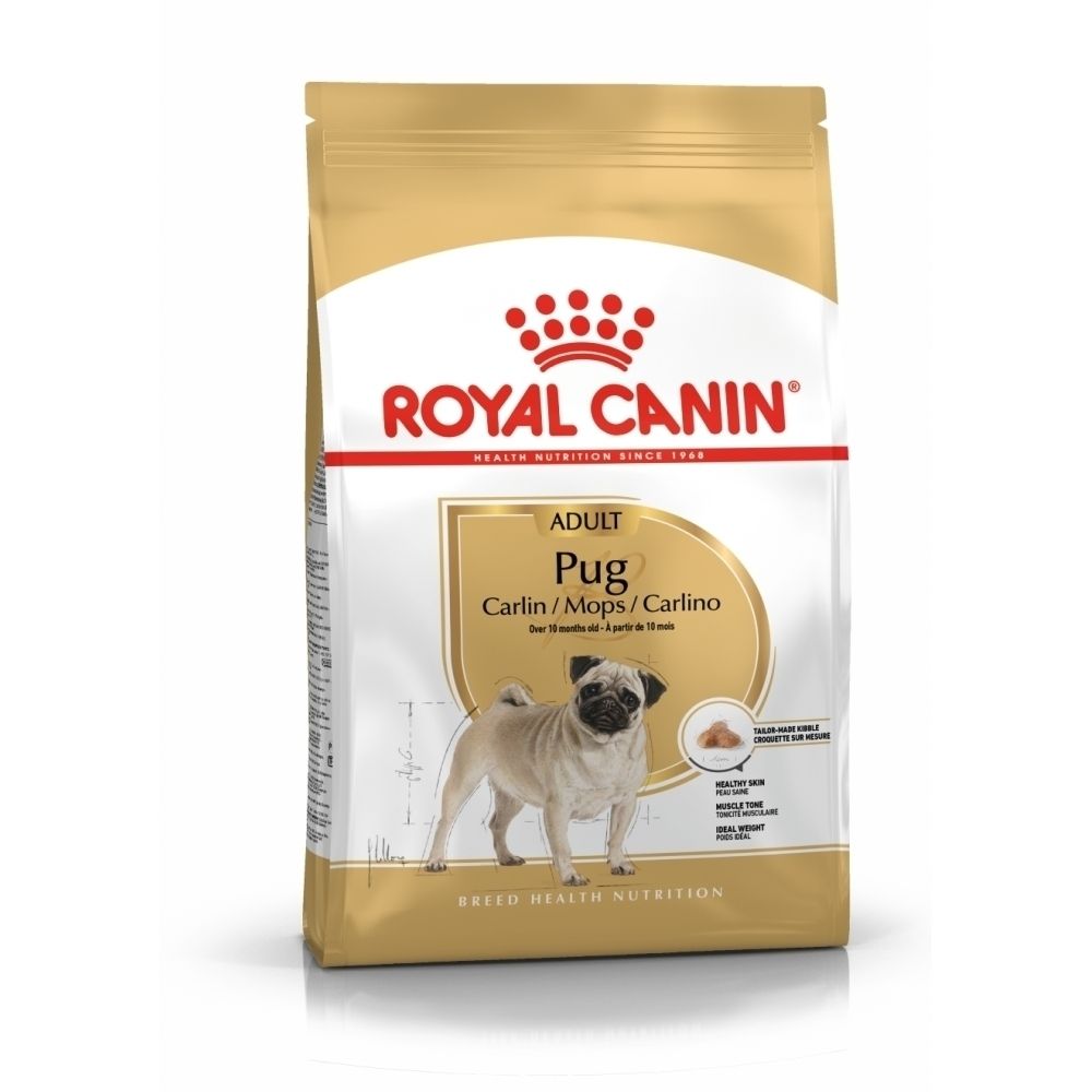 Sac de nourriture Royal Canin pour carlin, avec image de carlin et informations produit.