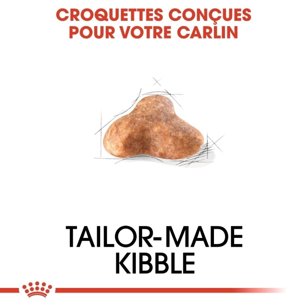 Nourriture Royal Canin Pug: Illustration d'une forme de croquette, conçue pour les carlins.