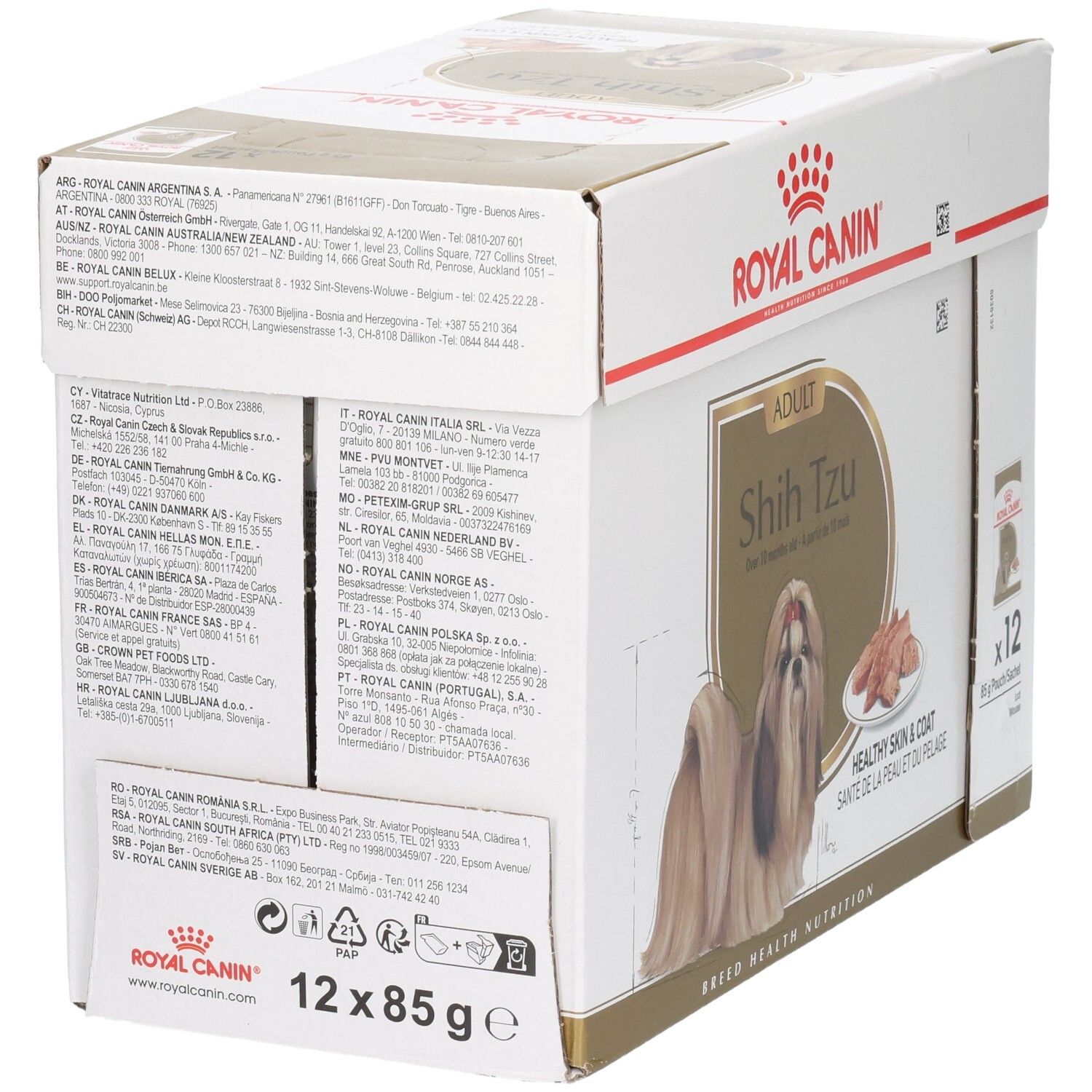 Royal Canin Shih Tzu Adulte : 12 sachets de 85g pour une peau et un pelage sains.
