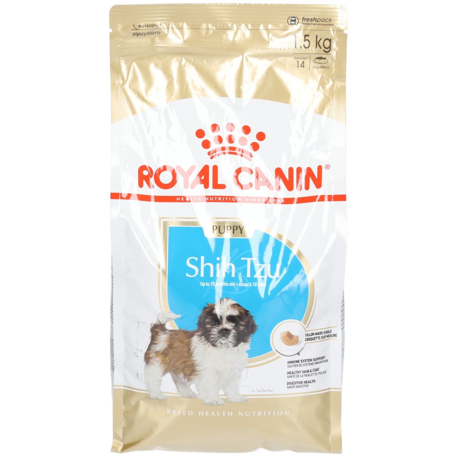 Sacs de nourriture pour chiots Royal Canin Shih Tzu, 1.5 kg, avec image de chiot et informations produit.