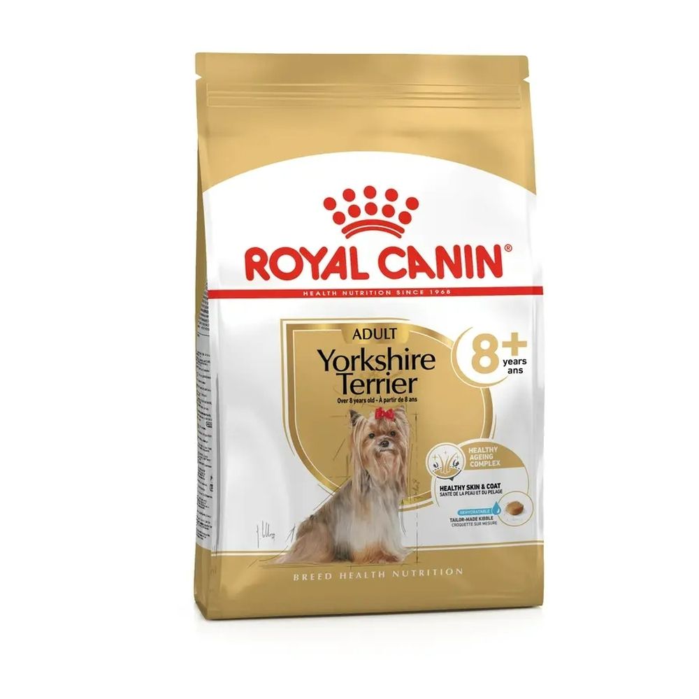 Croquettes Royal Canin Yorkshire Terrier 8+ Adulte, sac de 1kg avec illustration de Yorkshire Terrier.