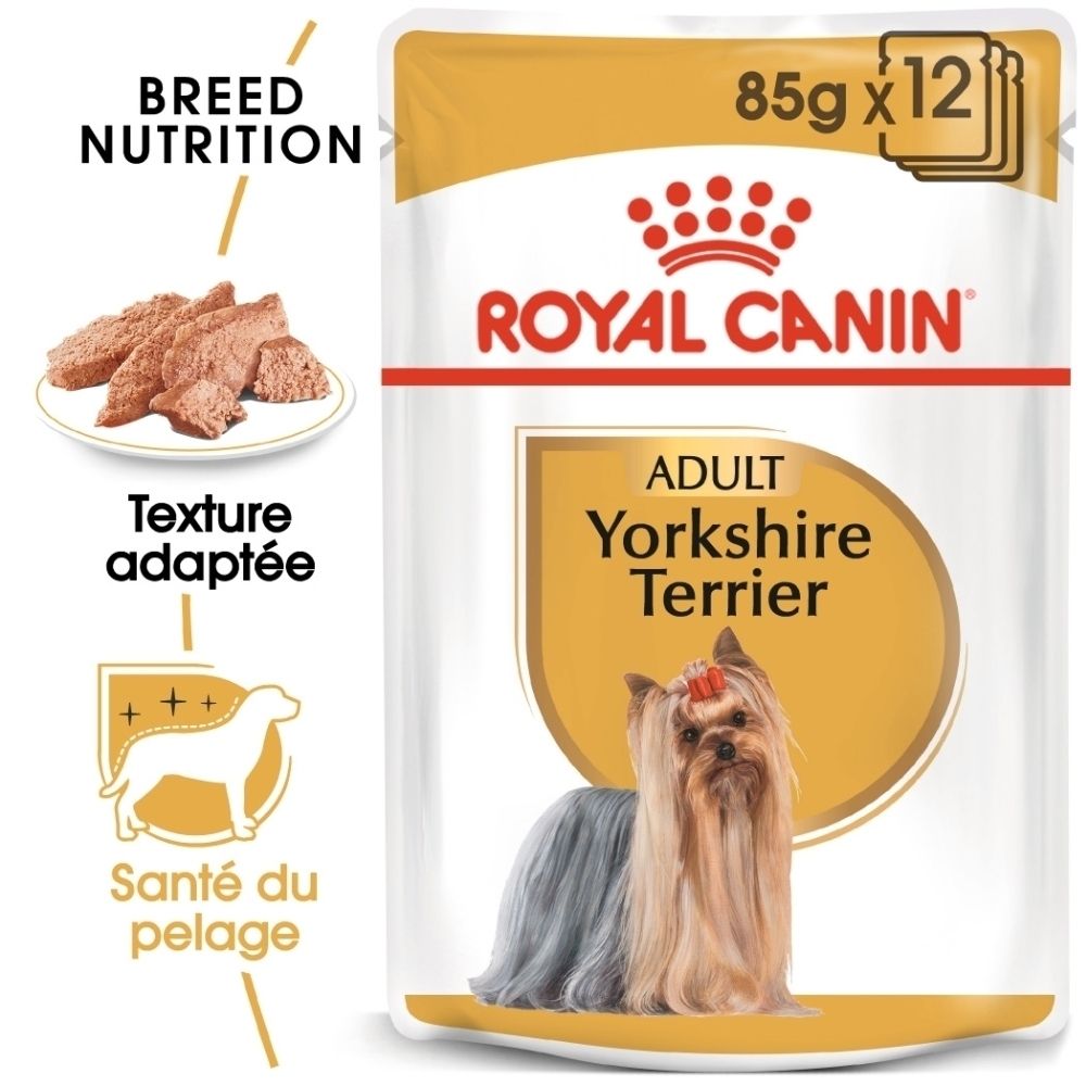 Sachet Royal Canin Yorkshire Terrier avec image de Yorkshire Terrier et de pâté.