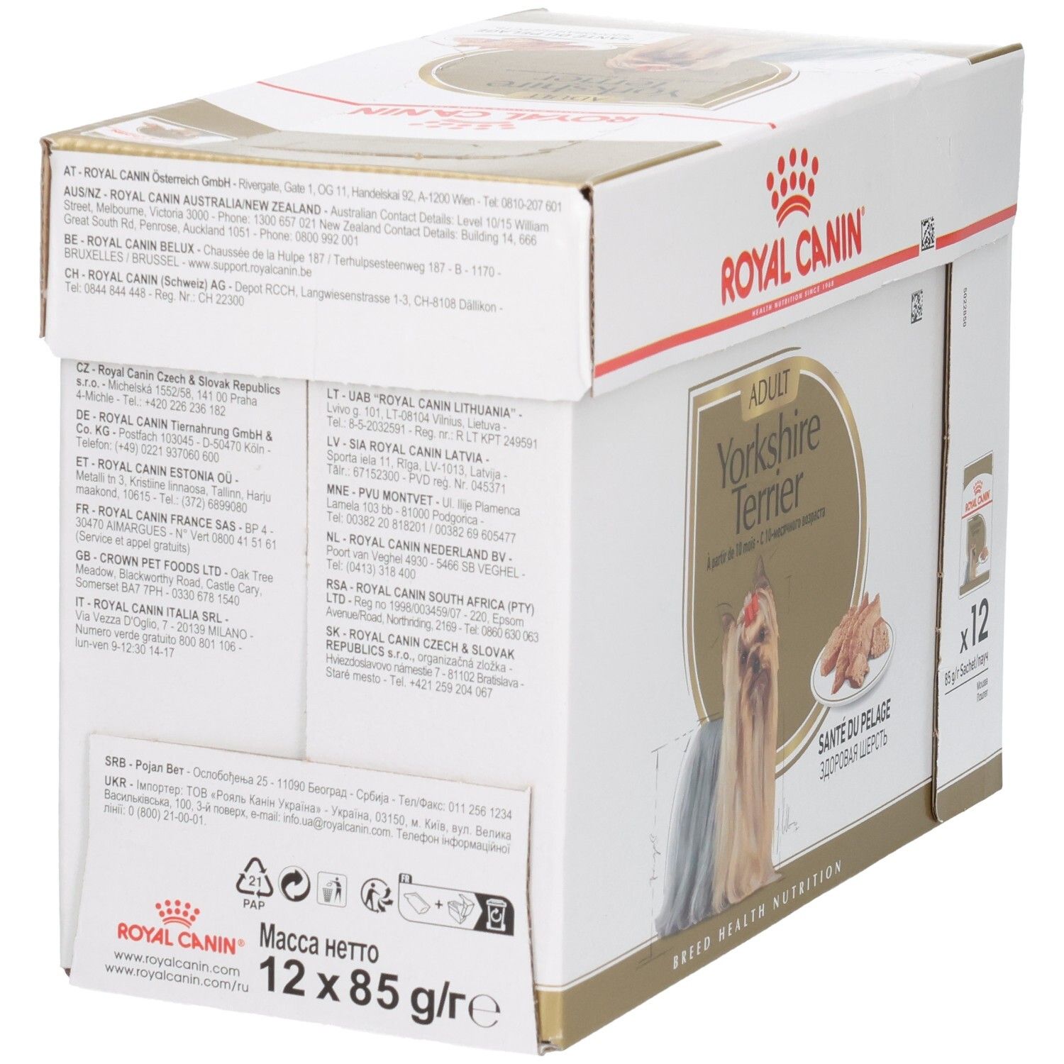 Arrière du multipack Royal Canin Yorkshire Terrier Adulte avec informations d'adresse.