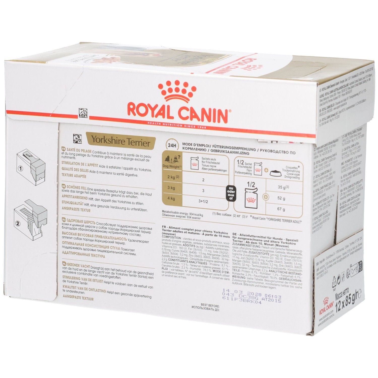 Vue latérale du multipack Royal Canin Yorkshire Terrier Adulte avec instructions d'alimentation.