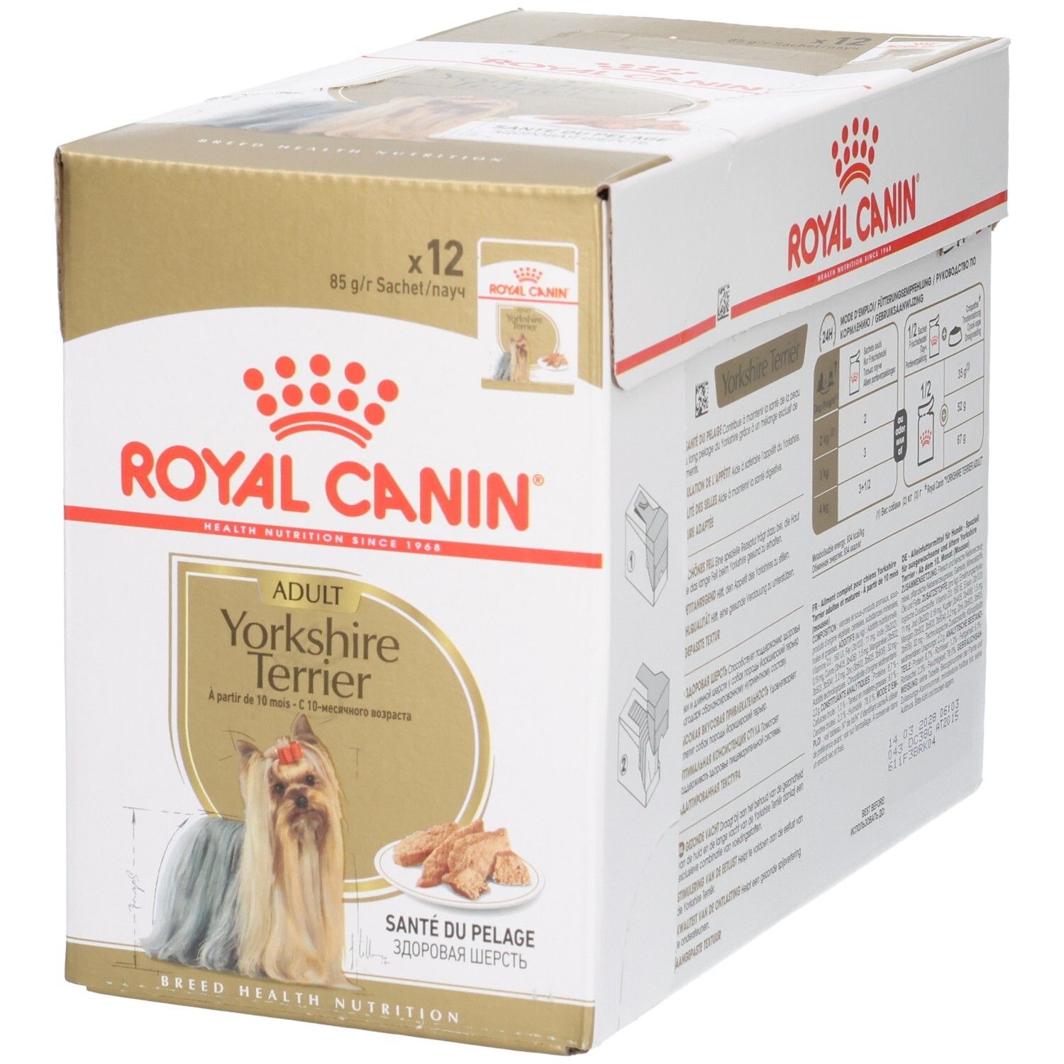 Face avant du multipack Royal Canin Yorkshire Terrier Adulte avec image de chien.
