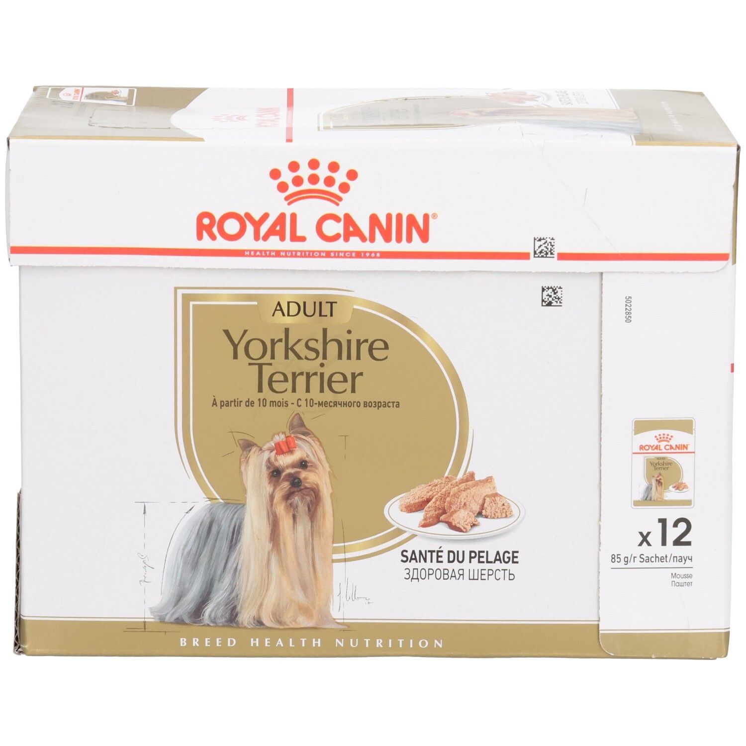 Multipack Royal Canin Yorkshire Terrier Adulte, vue avant avec chien et nourriture.
