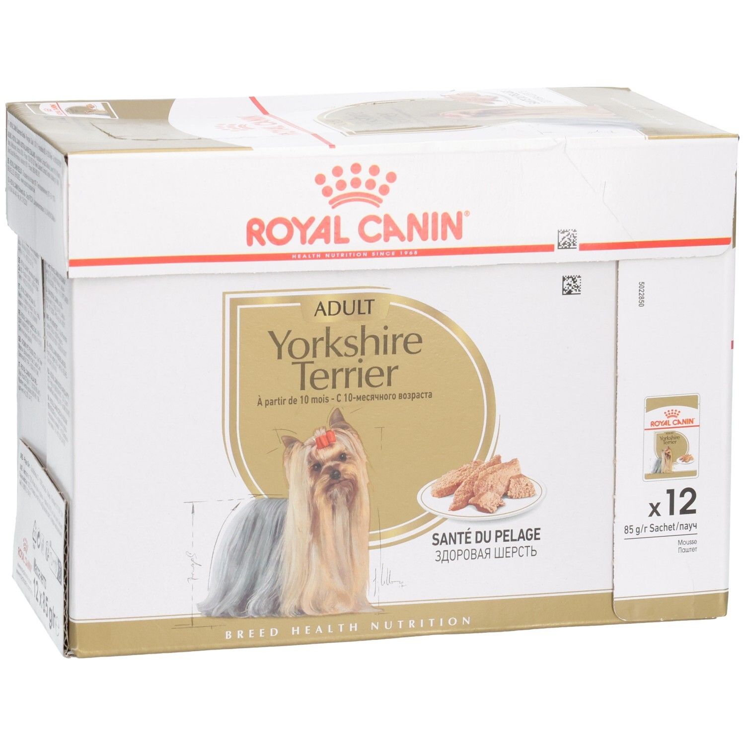 Multipack Royal Canin Yorkshire Terrier Adulte, vue avant en biais avec chien.