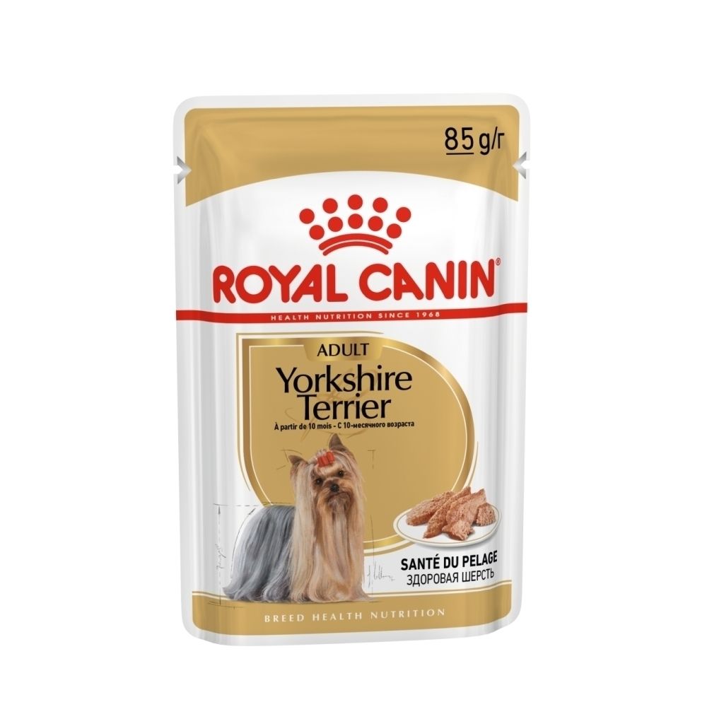 Sachet Royal Canin Yorkshire Terrier avec image de Yorkshire Terrier et de pâté.