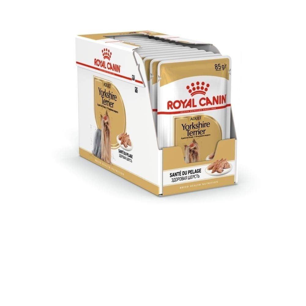 Sachet Royal Canin Yorkshire Terrier avec image de Yorkshire Terrier et de pâté.