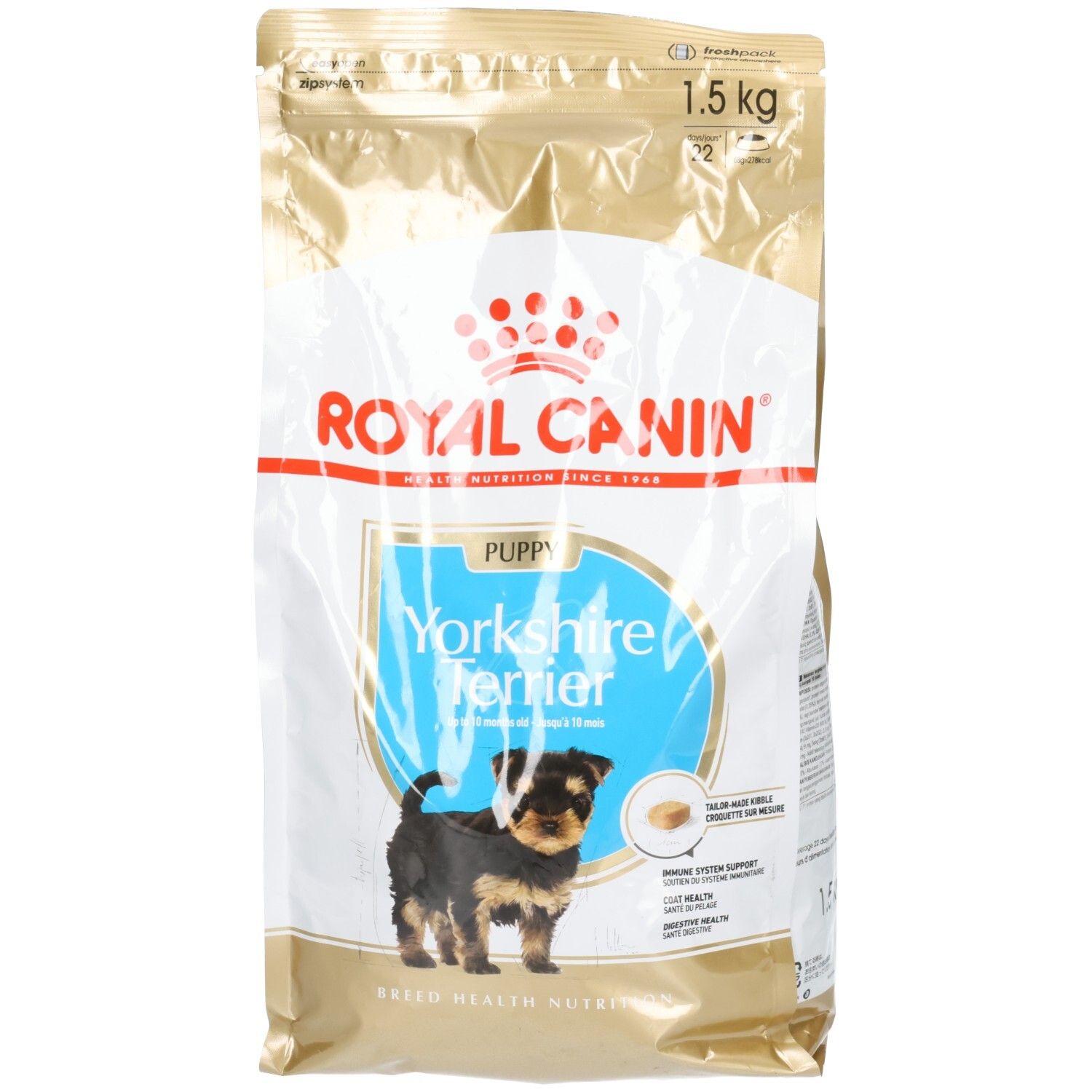Sac de 1,5 kg de nourriture Royal Canin Yorkshire Terrier Puppy avec image de chiot.