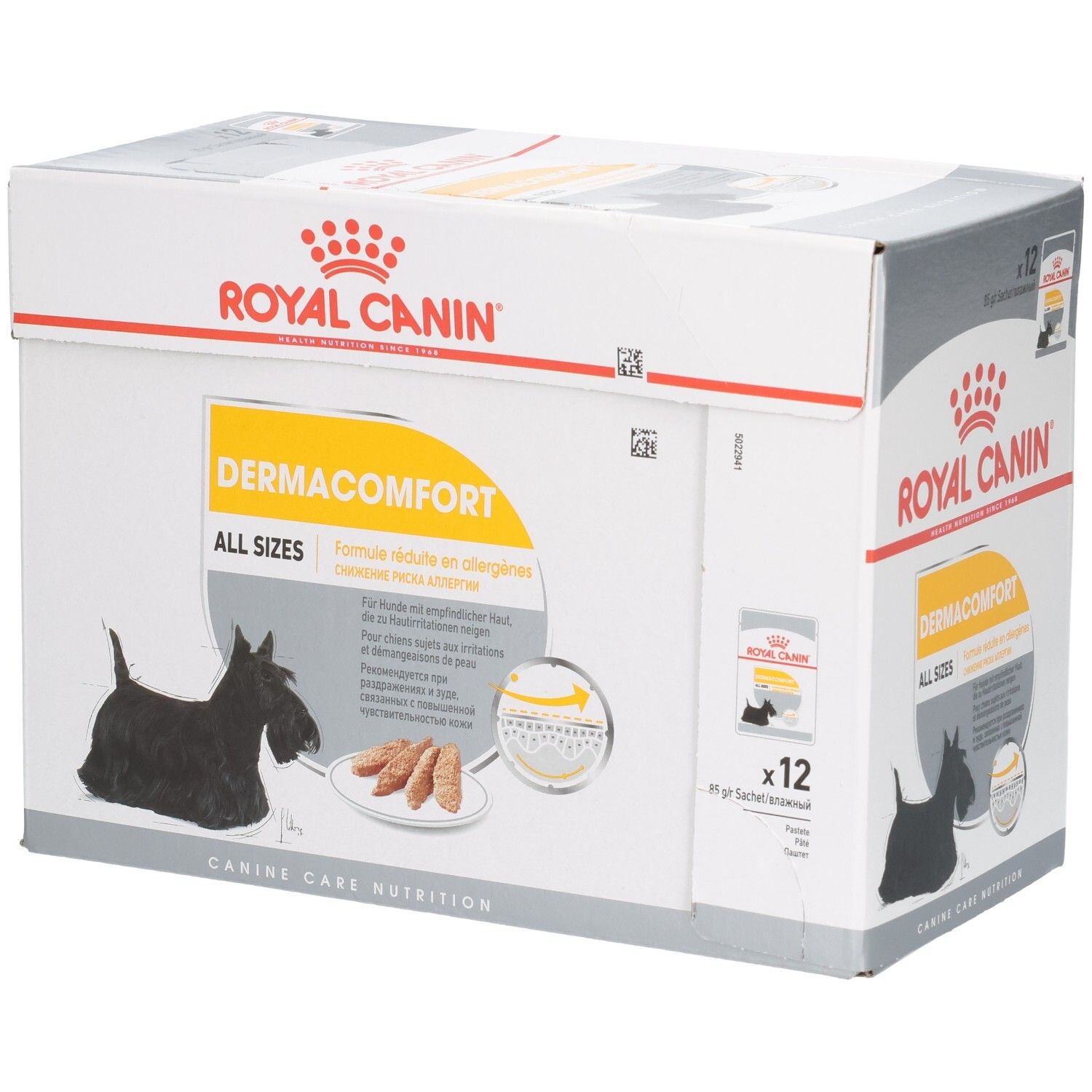Boîte Royal Canin DERMACOMFORT pour chiens, 12 sachets de 85g, toutes tailles, illustration de chien Scottie.