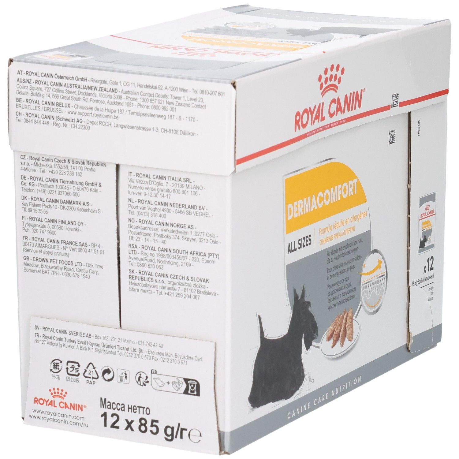 Arrière de la boîte Royal Canin DERMACOMFORT avec informations d'adresse et caractéristiques du produit.