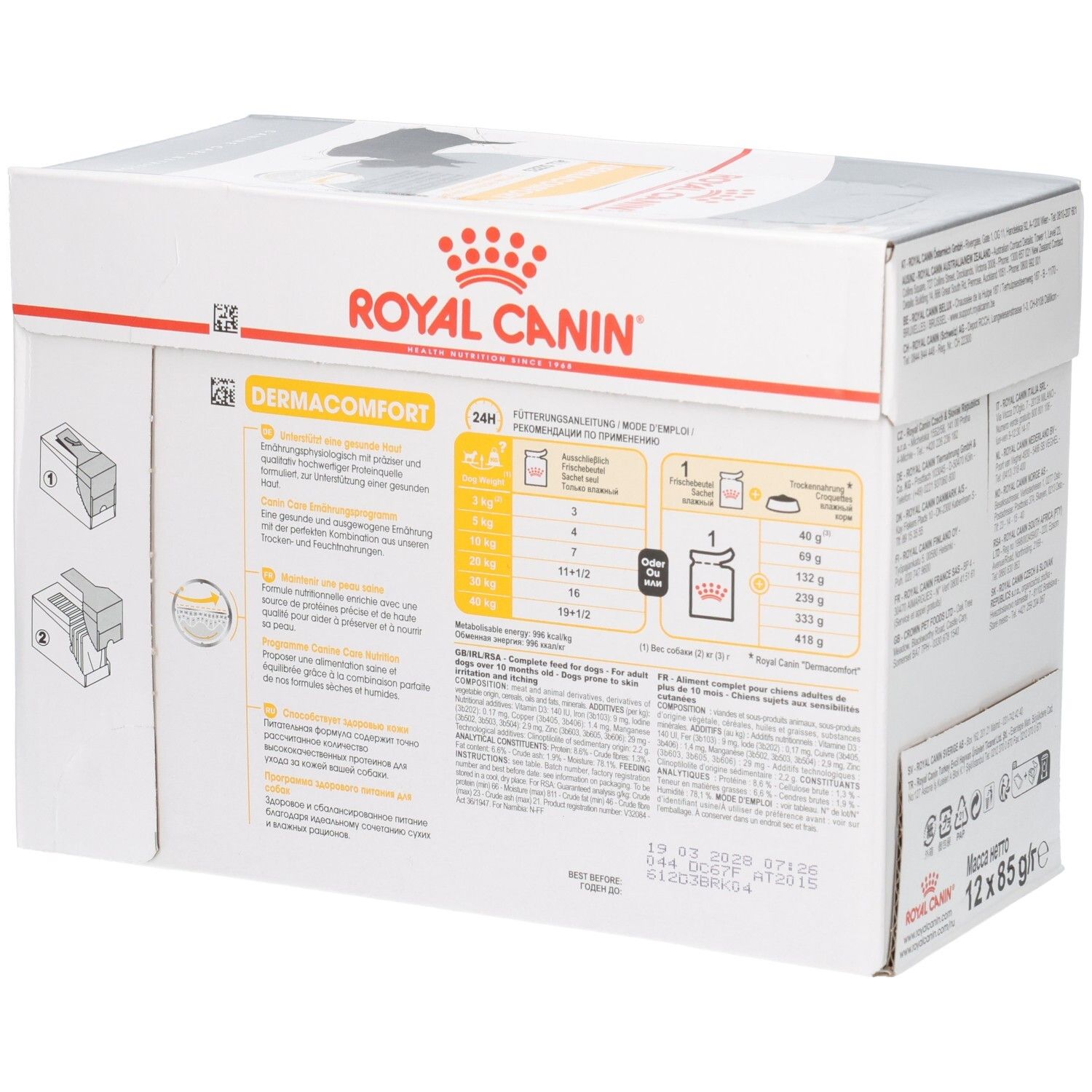 Vue latérale de la boîte Royal Canin DERMACOMFORT avec recommandations alimentaires et informations produit.