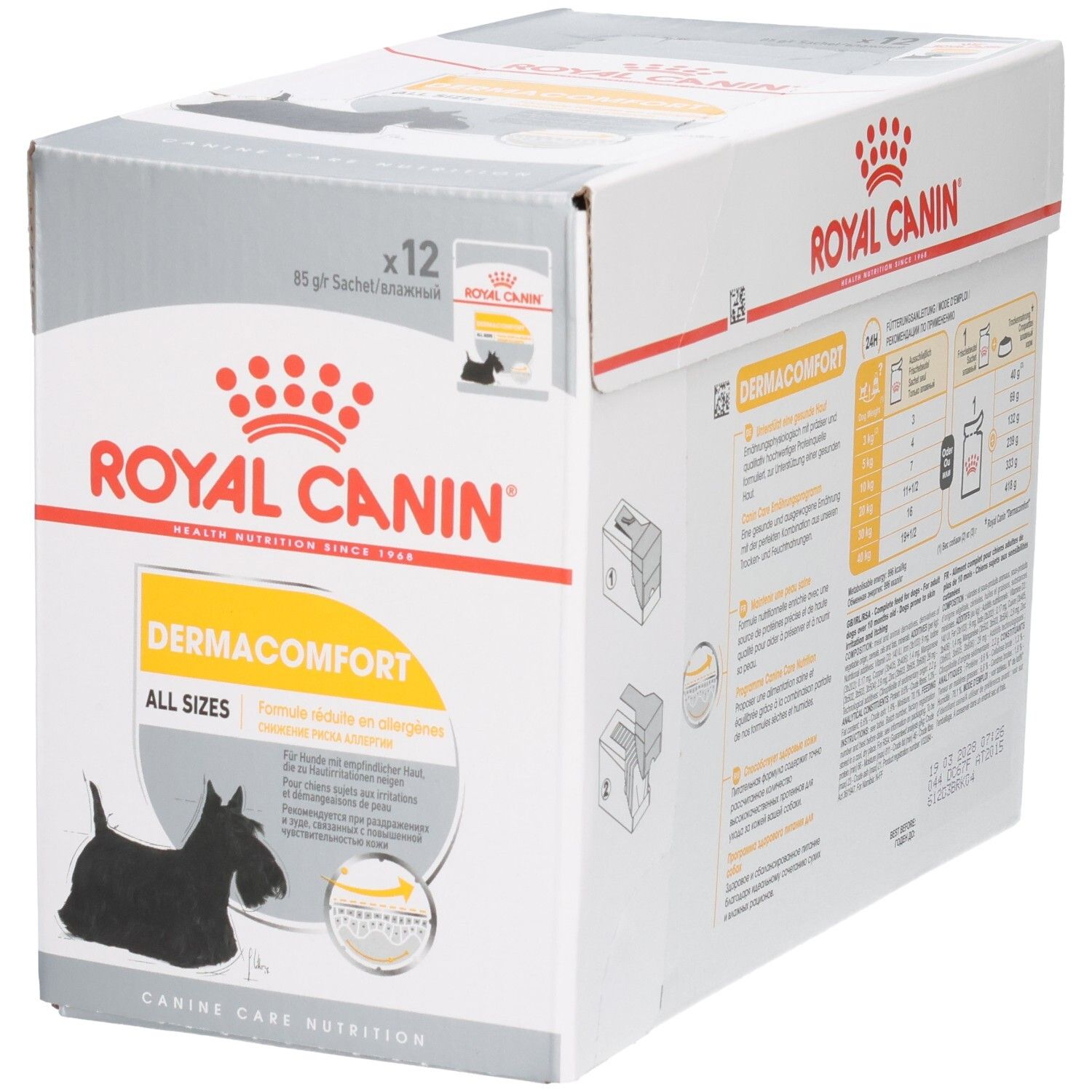 Boîte Royal Canin DERMACOMFORT pour chiens, 12 sachets de 85g, avec illustration de chien Scottie et instructions.