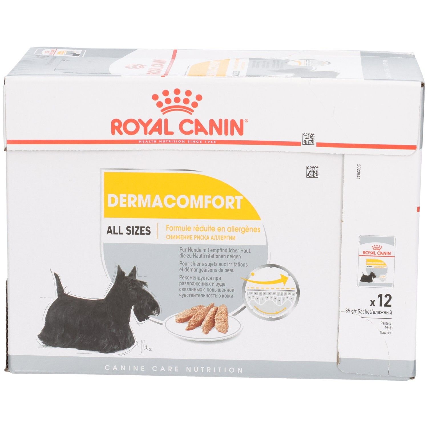 Façade de la boîte Royal Canin DERMACOMFORT, 12 sachets de 85g, avec illustration de chien Scottie et description produit.