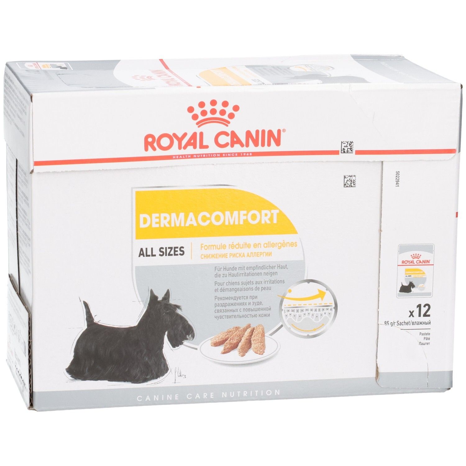 Boîte Royal Canin DERMACOMFORT pour chiens, 12 sachets de 85g, avec illustration de chien Scottie et vue détaillée des croquettes.