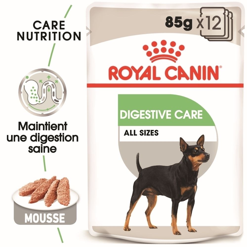 Sachet Royal Canin Digestive Care (85g x 12). Montre un chien, un symbole digestif et du texte.