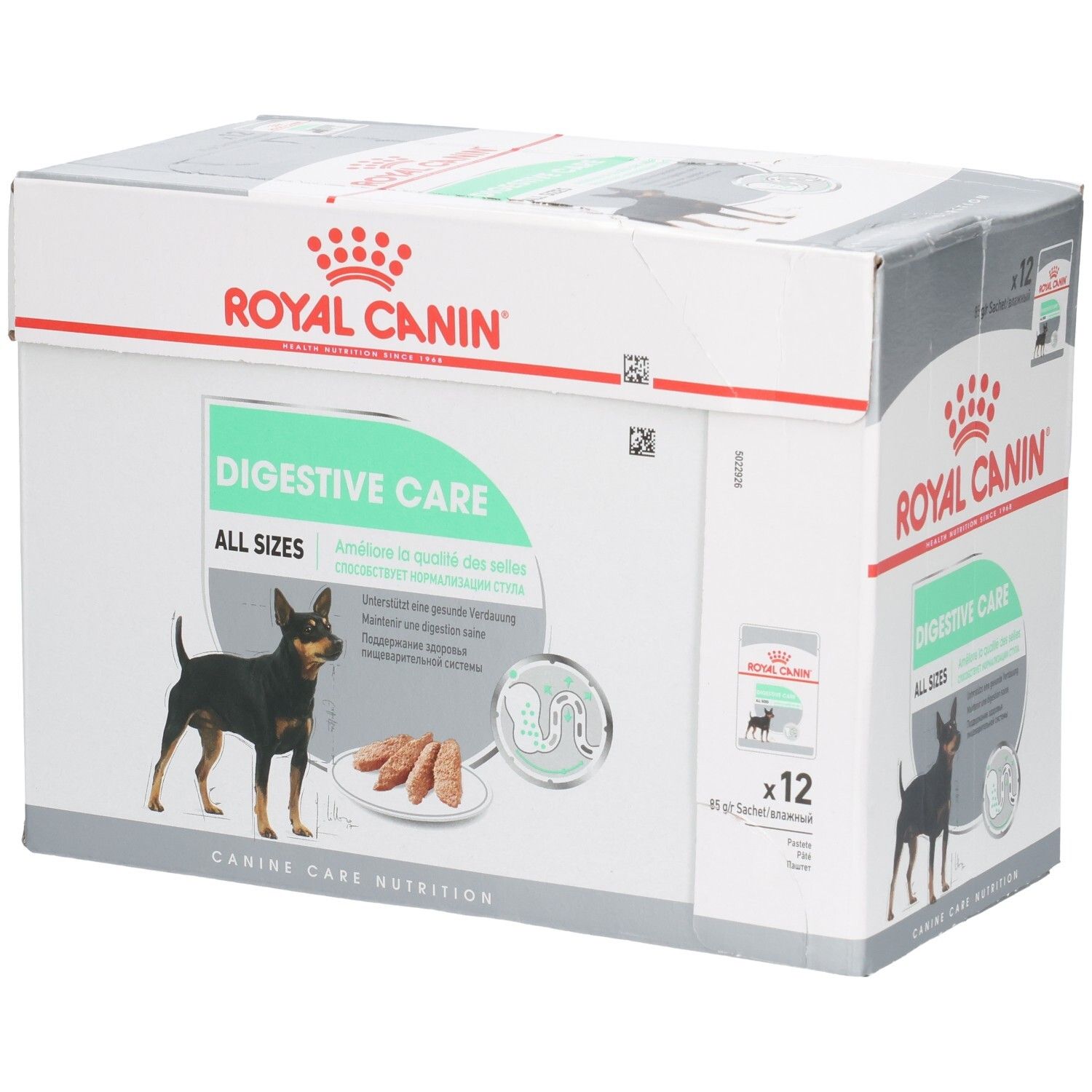 Boîte Royal Canin Digestive Care de 12 sachets de 85g, pour toutes tailles de chiens.