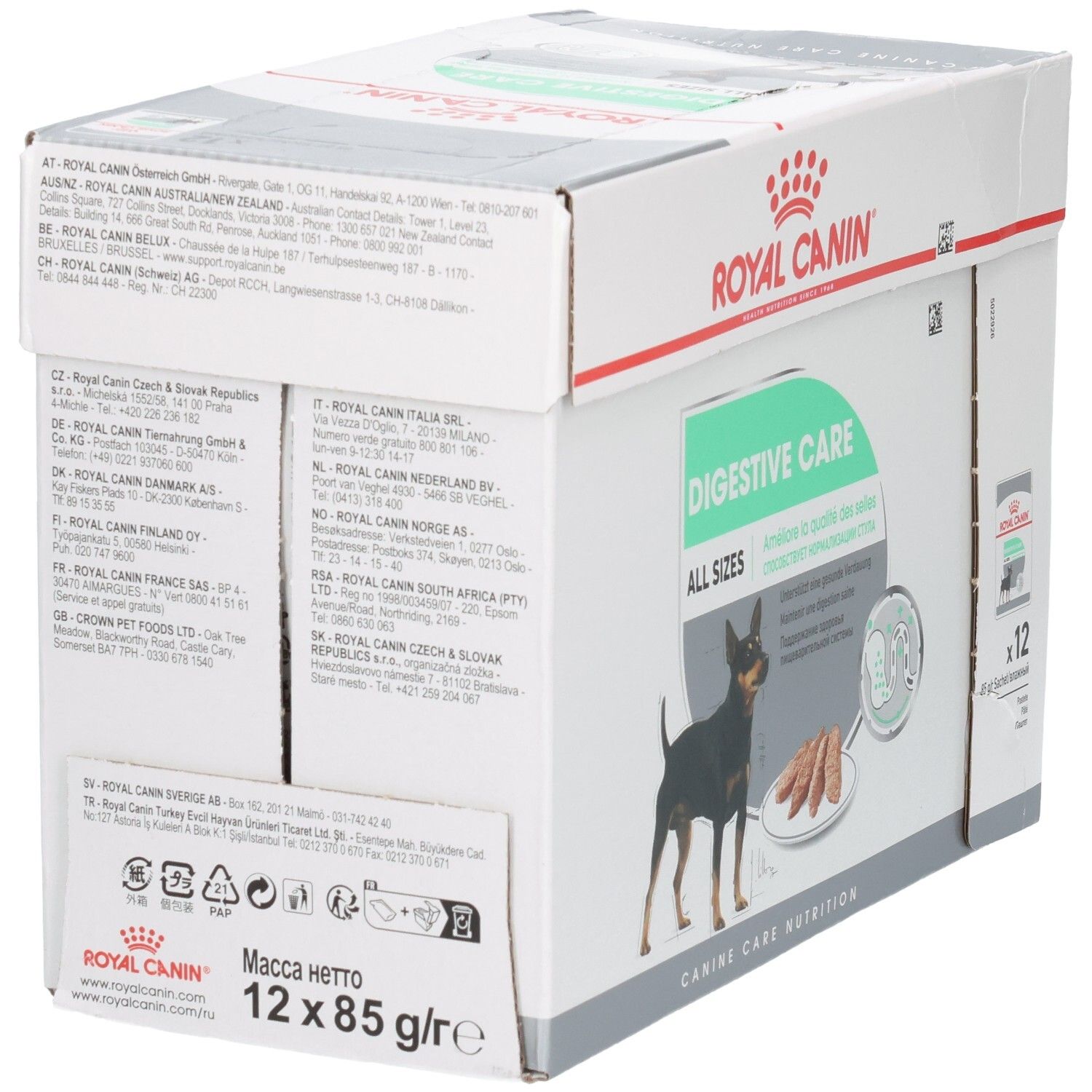 Arrière de la boîte Royal Canin Digestive Care avec informations produit et adresses.