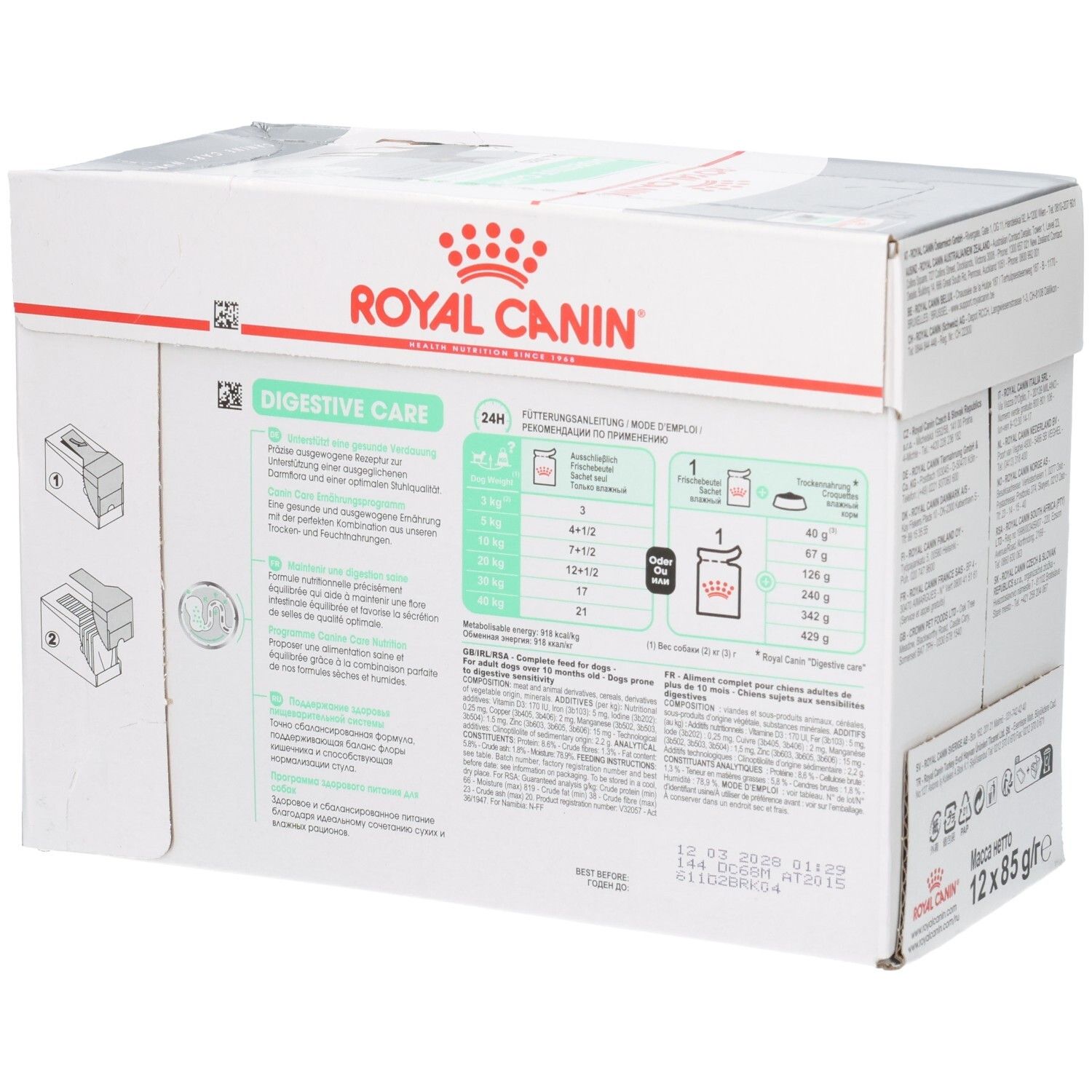 Vue latérale de la boîte Royal Canin Digestive Care avec recommandations alimentaires.
