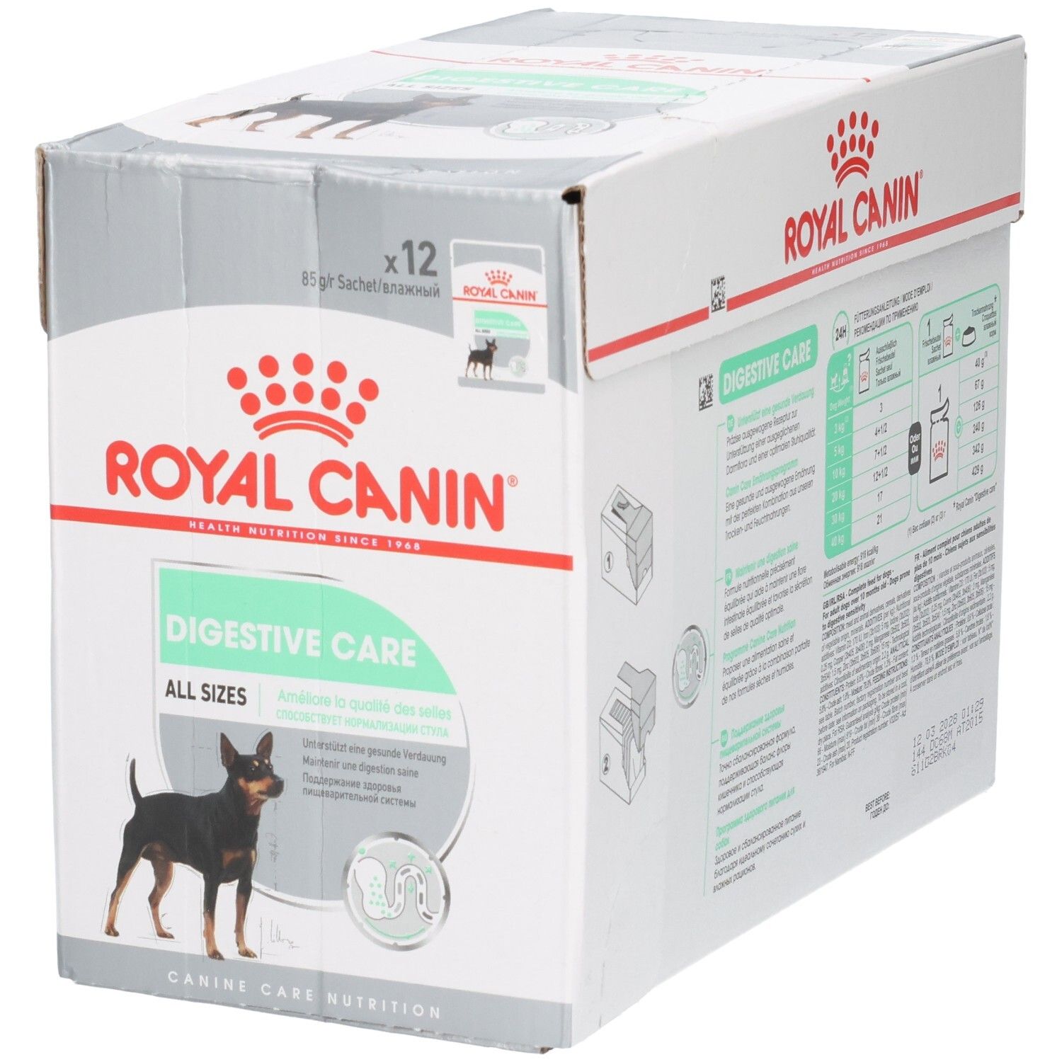 Face avant de la boîte Royal Canin Digestive Care avec image de chien et nom du produit.