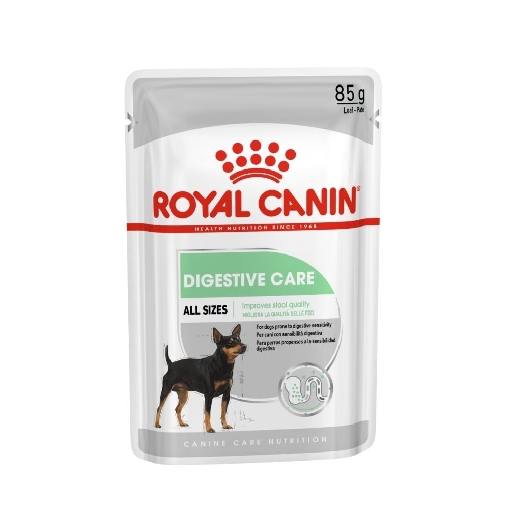 Sachet Royal Canin Digestive Care. Montre un chien, un symbole digestif et du texte sur le soutien digestif.