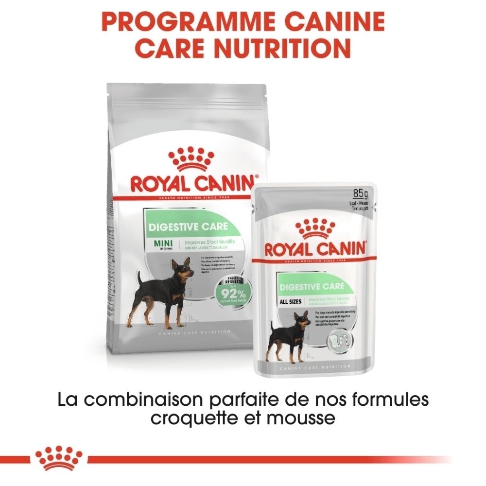 Royal Canin Digestive Care : emballages de croquettes et de nourriture humide. Texte : 'Programme Canine Care Nutrition'.