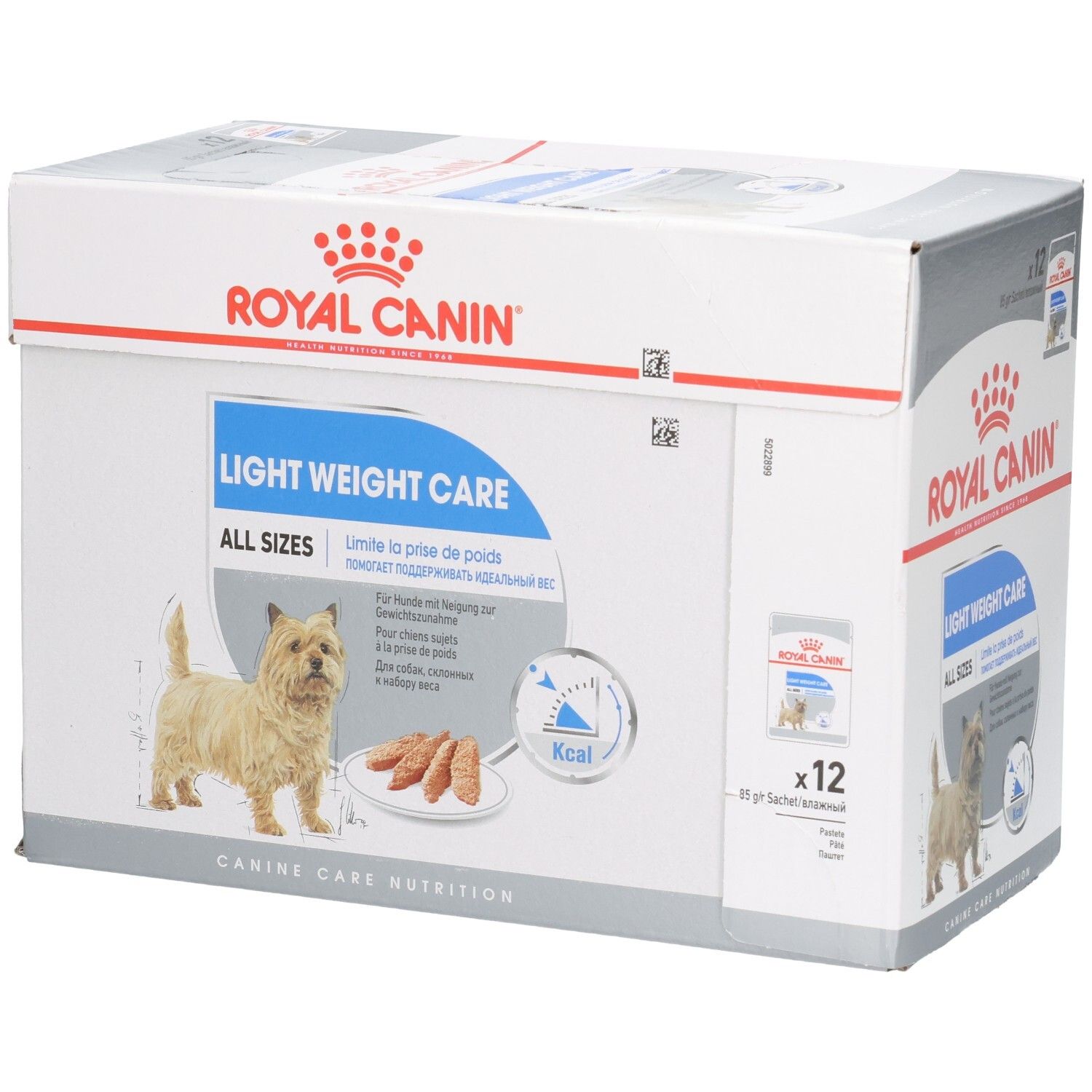 Boîte de nourriture Royal Canin Light Weight Care All Sizes pour chien, 12x85g sachets. Comprend un Cairn Terrier.